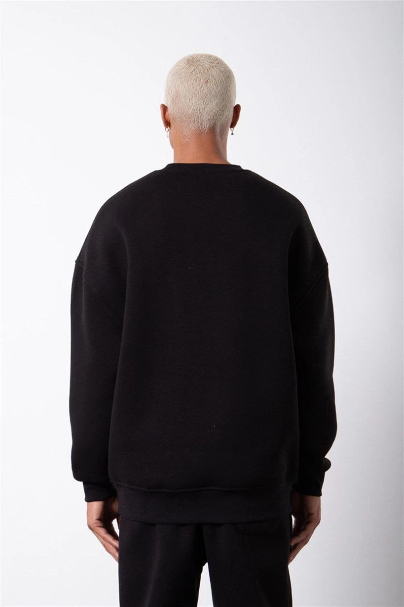 ERKEK Bisikilet Yaka 3 İplik Pamuklu SweatShirt - Siyah