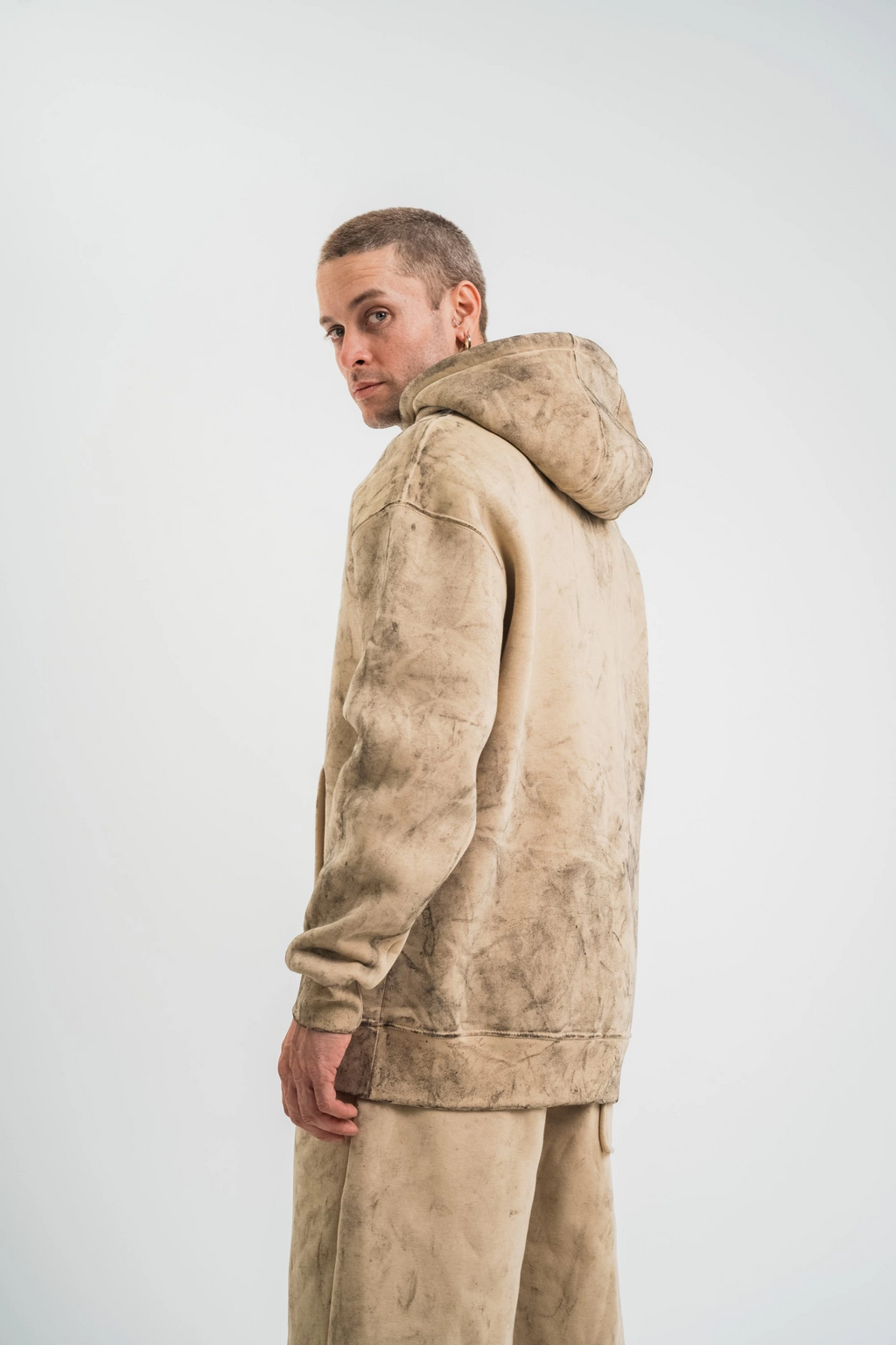 ERKEK 3 iplik Pamuklu Oversize Kapüşonlu Yıkamalı Hoodie SweatShirt - Bej