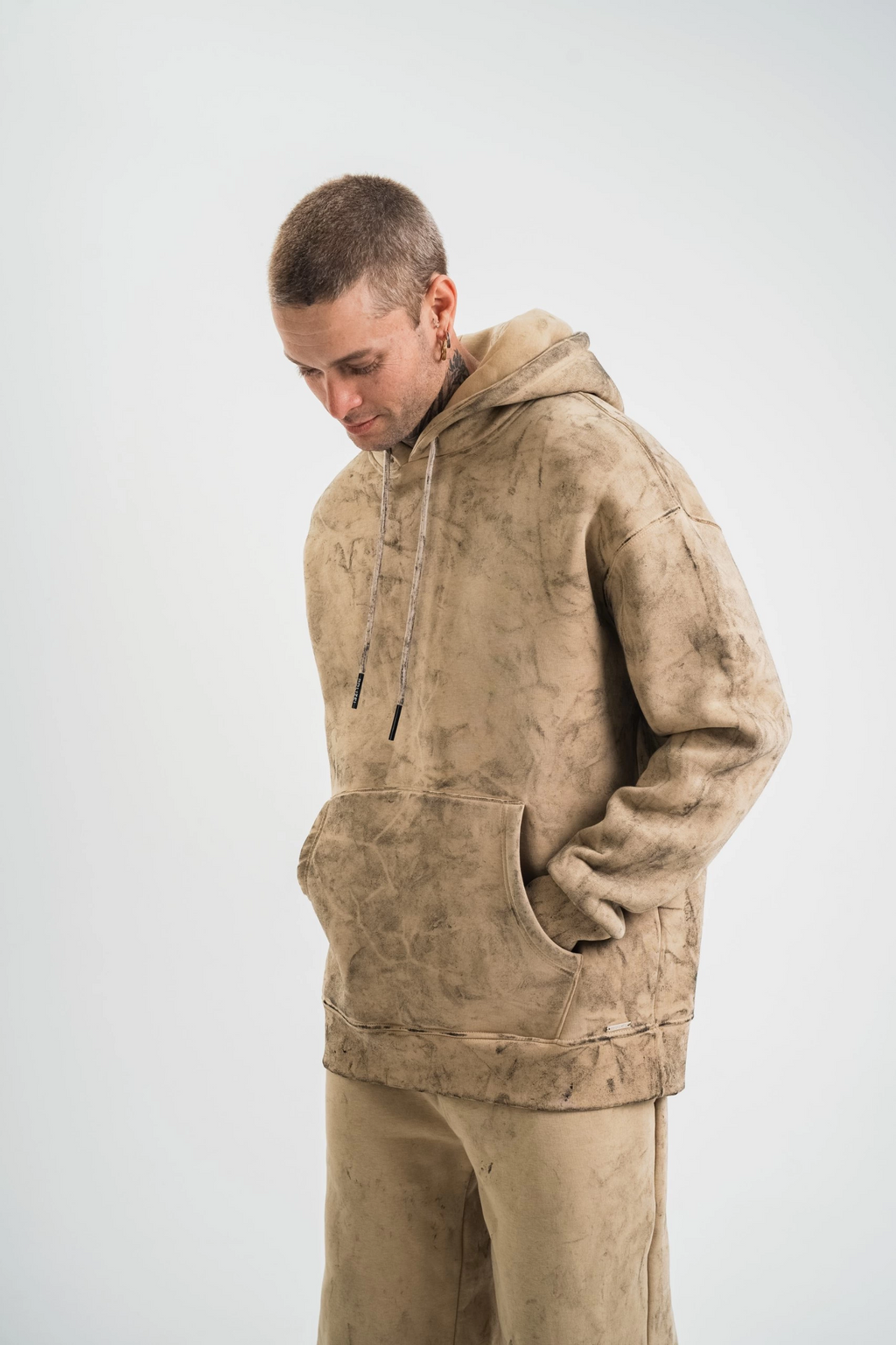 ERKEK 3 iplik Pamuklu Oversize Kapüşonlu Yıkamalı Hoodie SweatShirt - Bej