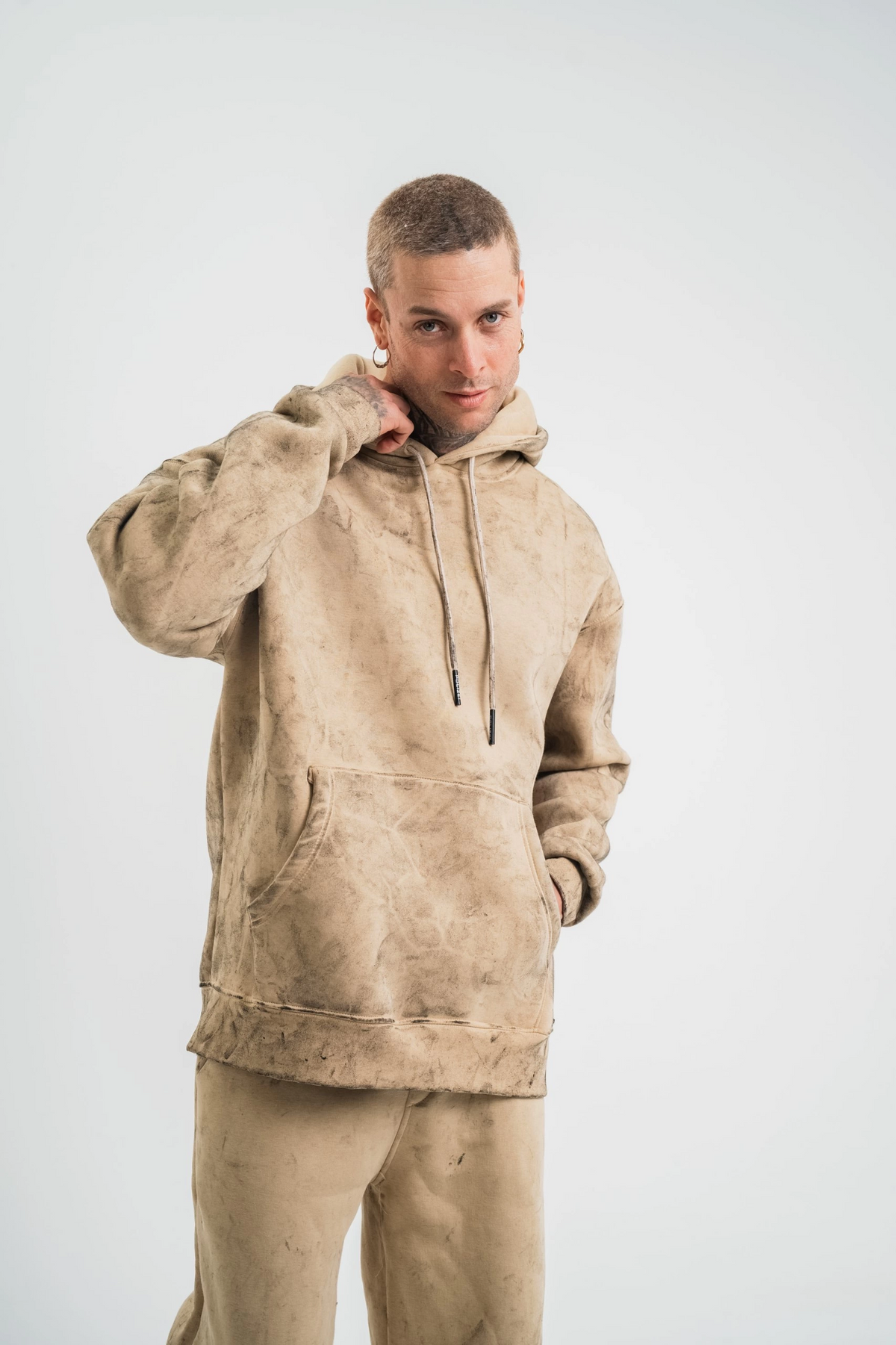 ERKEK 3 iplik Pamuklu Oversize Kapüşonlu Yıkamalı Hoodie SweatShirt - Bej