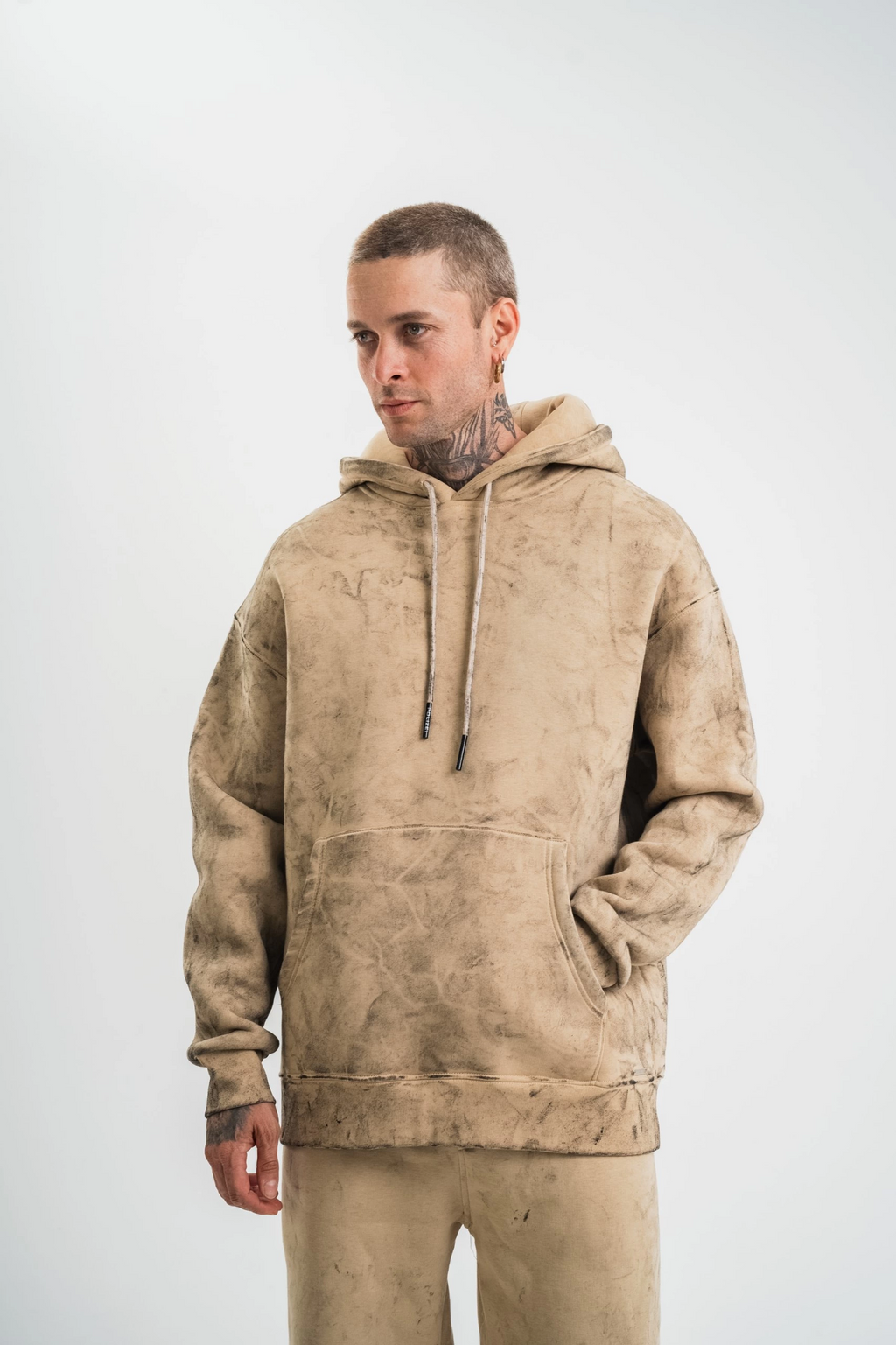 ERKEK 3 iplik Pamuklu Oversize Kapüşonlu Yıkamalı Hoodie SweatShirt - Bej