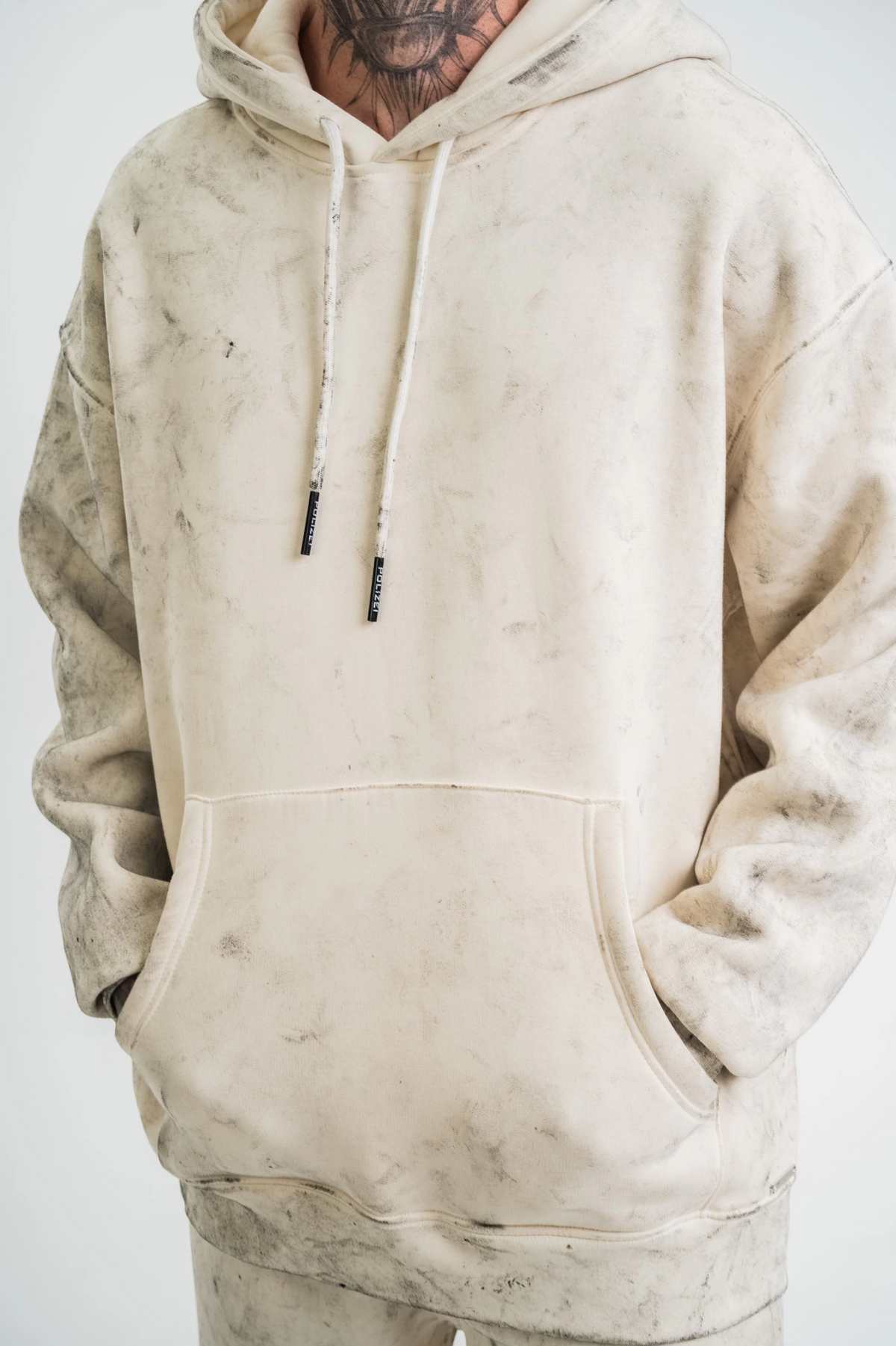 ERKEK  3 iplik Pamuklu Oversize Kapşonlu Yıkamalı SweatShirt Hoodie - Krem