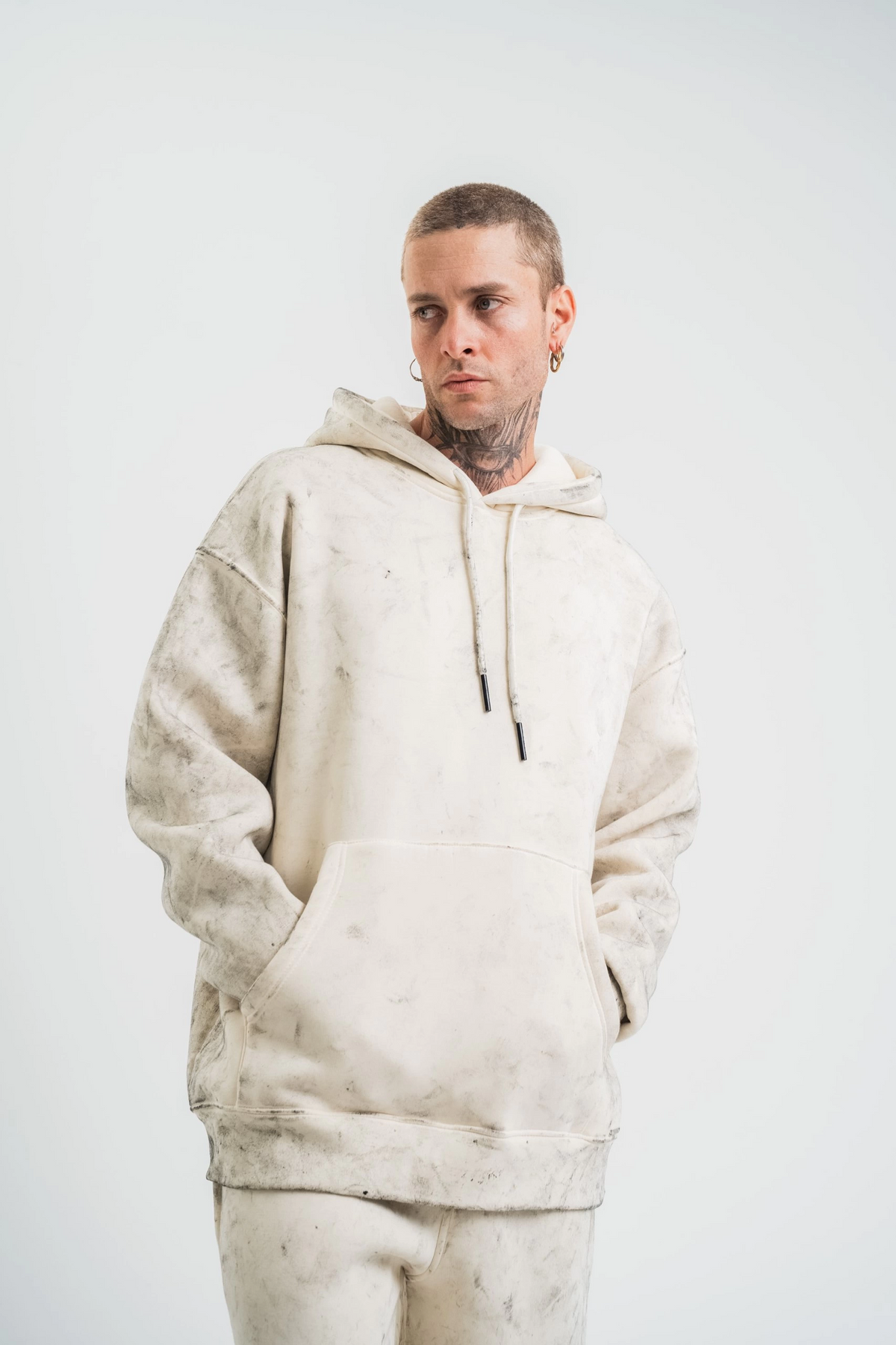 ERKEK  3 iplik Pamuklu Oversize Kapşonlu Yıkamalı SweatShirt Hoodie - Krem