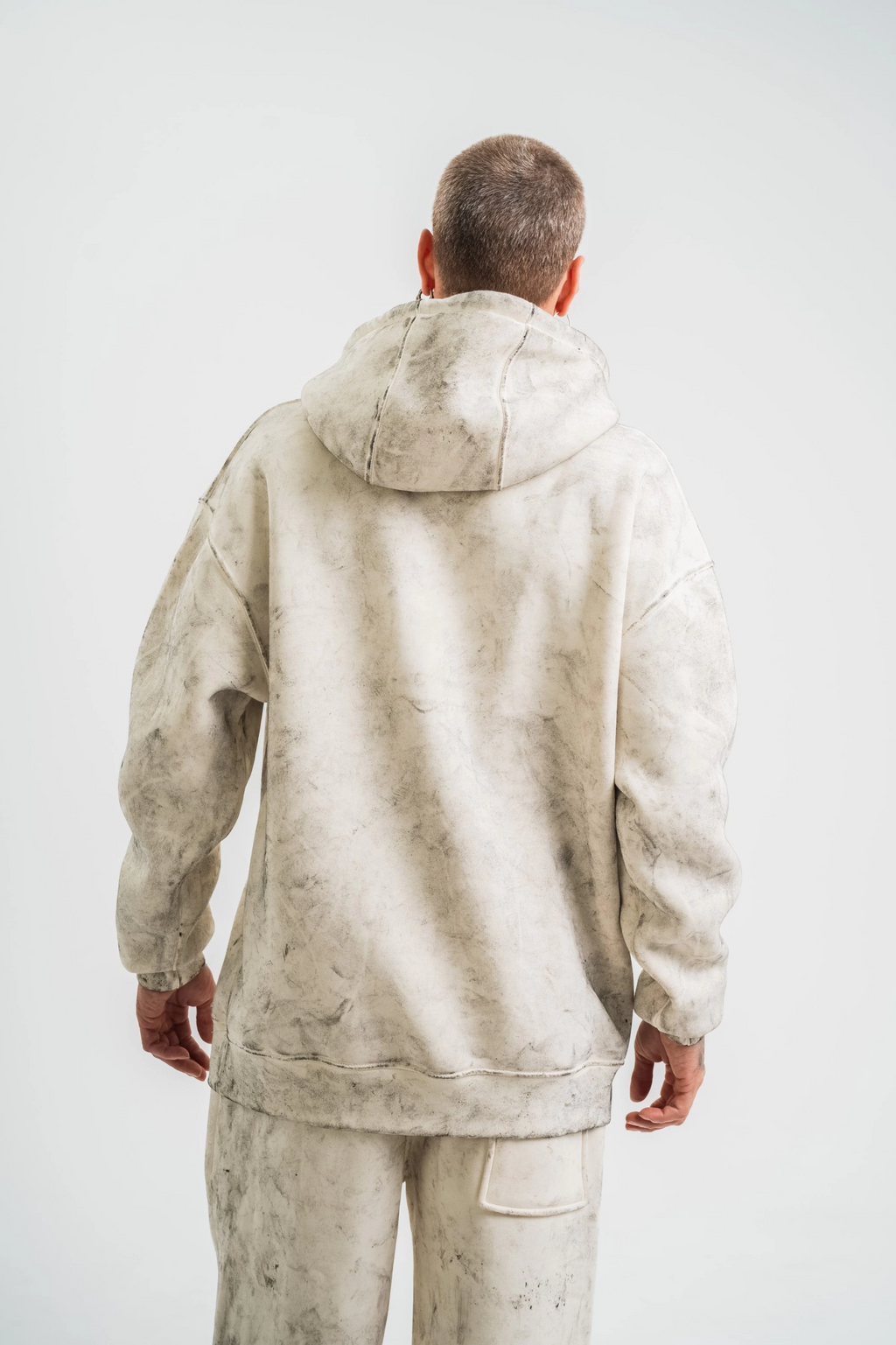 ERKEK  3 iplik Pamuklu Oversize Kapşonlu Yıkamalı SweatShirt Hoodie - Krem