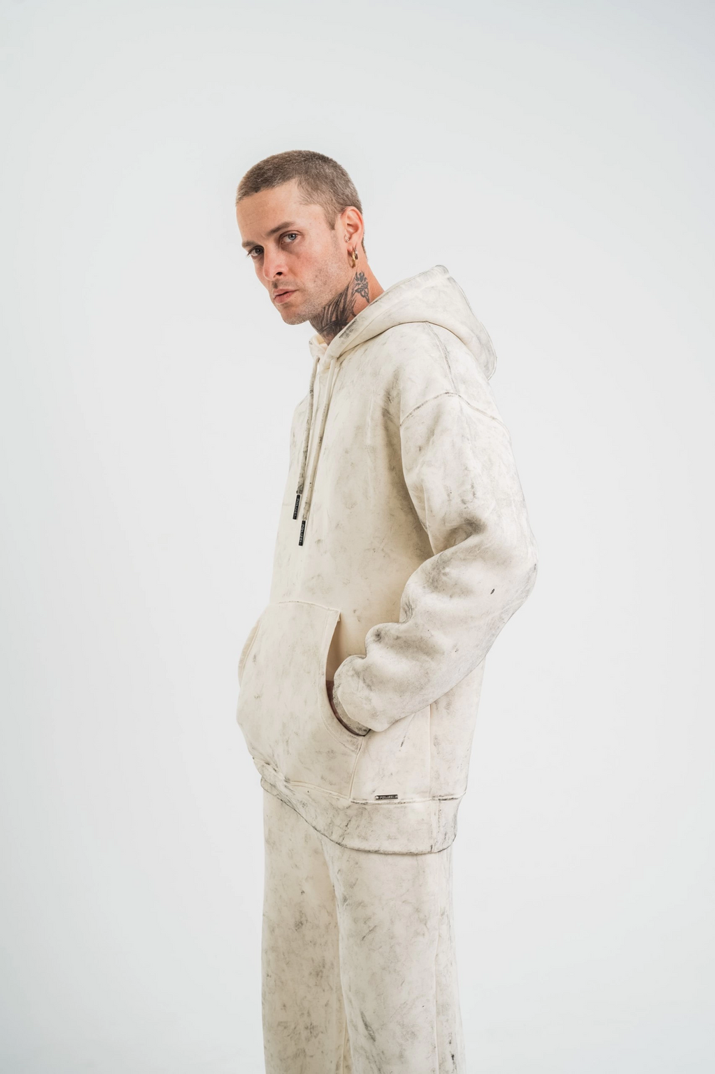 ERKEK  3 iplik Pamuklu Oversize Kapşonlu Yıkamalı SweatShirt Hoodie - Krem