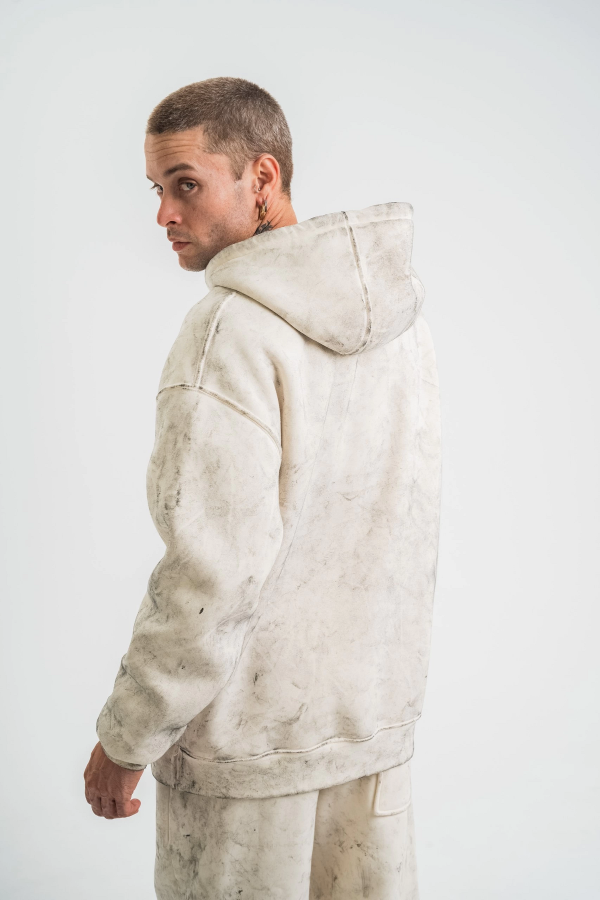 ERKEK  3 iplik Pamuklu Oversize Kapşonlu Yıkamalı SweatShirt Hoodie - Krem