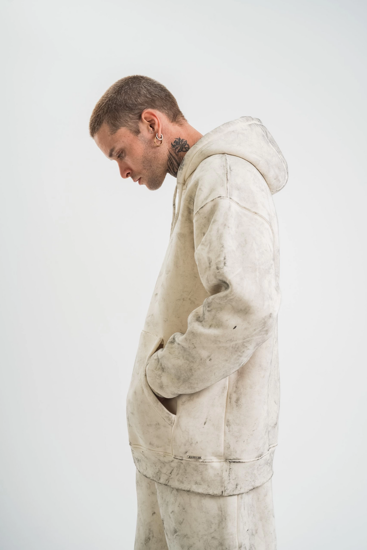 ERKEK  3 iplik Pamuklu Oversize Kapşonlu Yıkamalı SweatShirt Hoodie - Krem