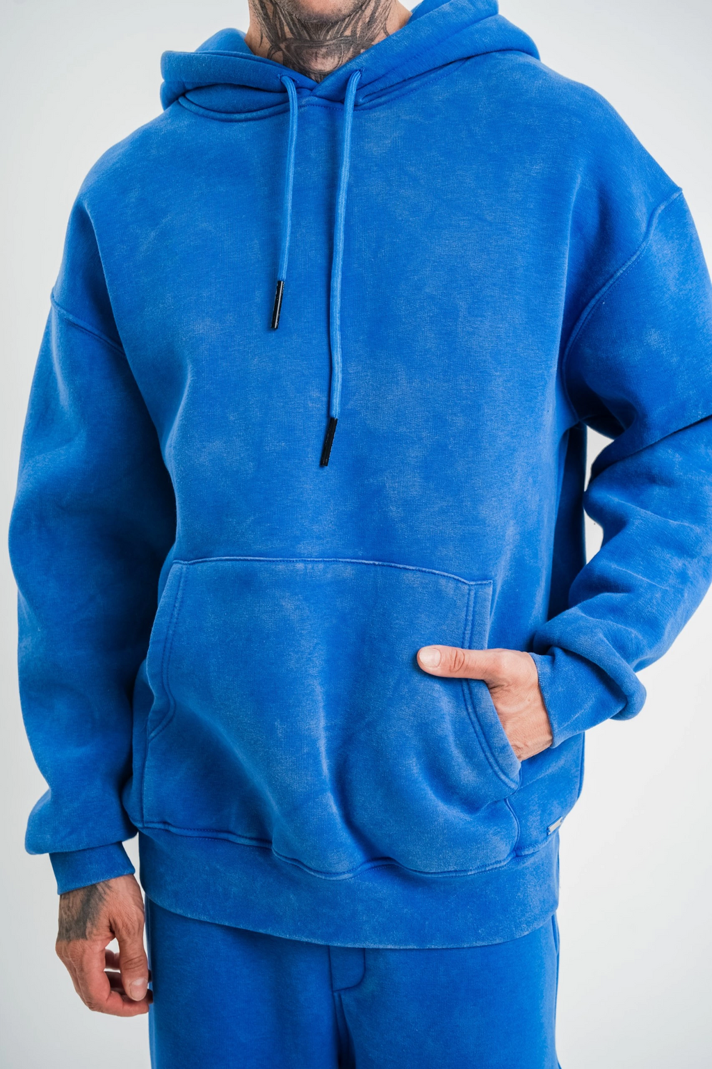 ERKEK 3 İplik Pamuklu Oversize Kapüşonlu Yıkamalı Hoodie SweatShirt - Mavi