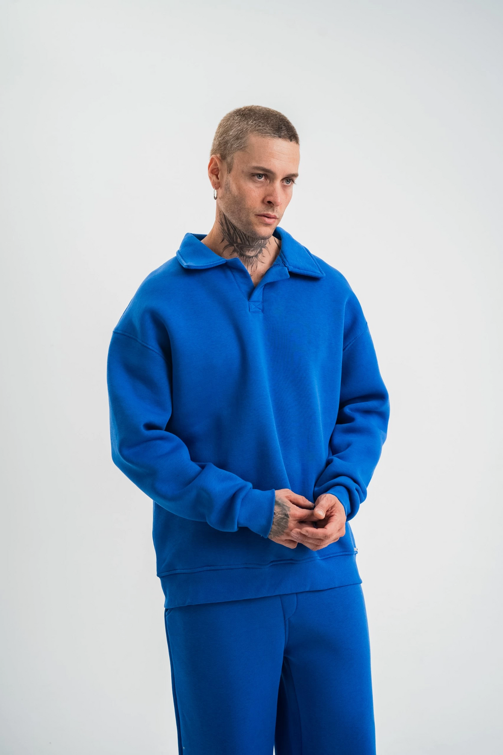 Erkek Açık Yakalı Oversize 3 İplik Pamuklu Sweatshirt - Mavii