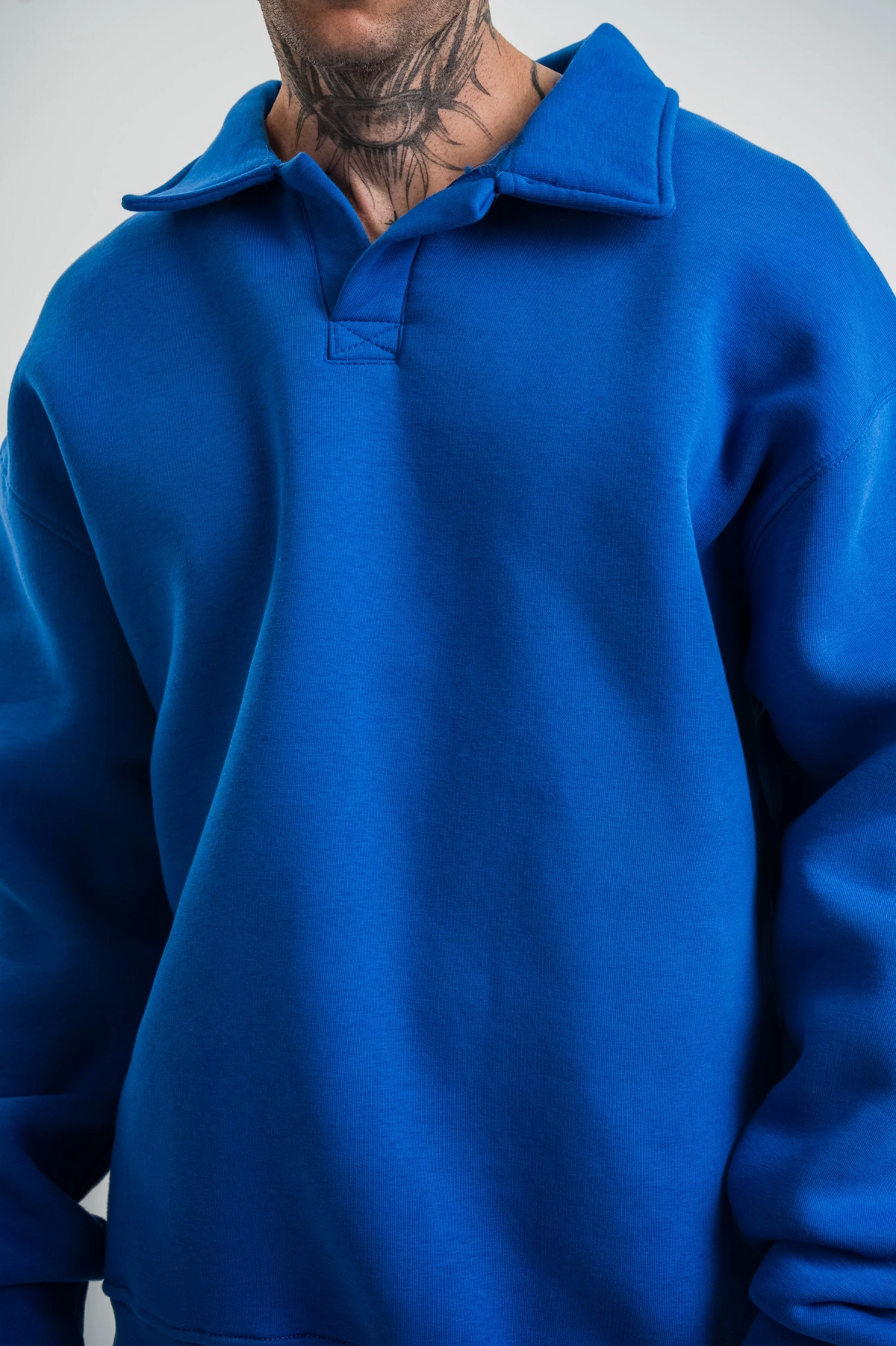 Erkek Açık Yakalı Oversize 3 İplik Pamuklu Sweatshirt - Mavii