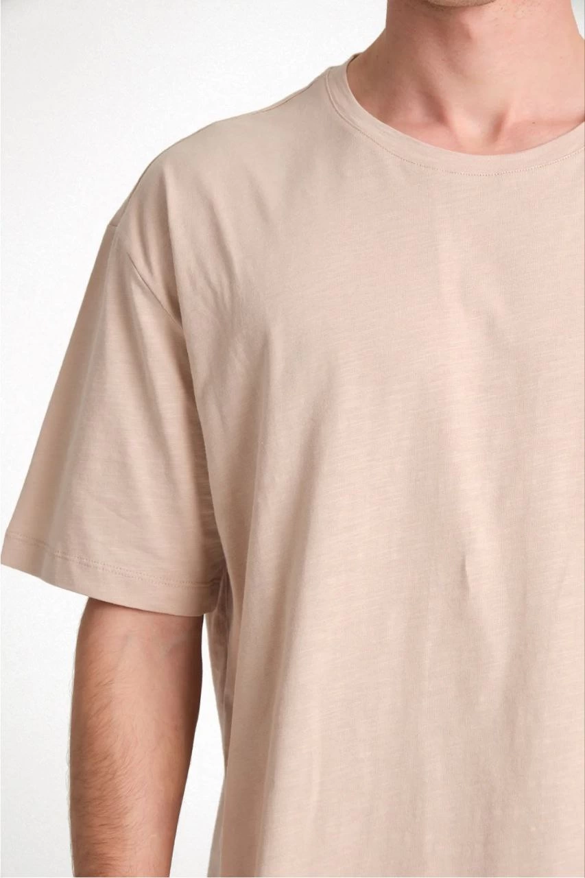 ERKEK Düz Tişört Bisikilet Yaka Kısa Kol Oversize T-shirt - Bej