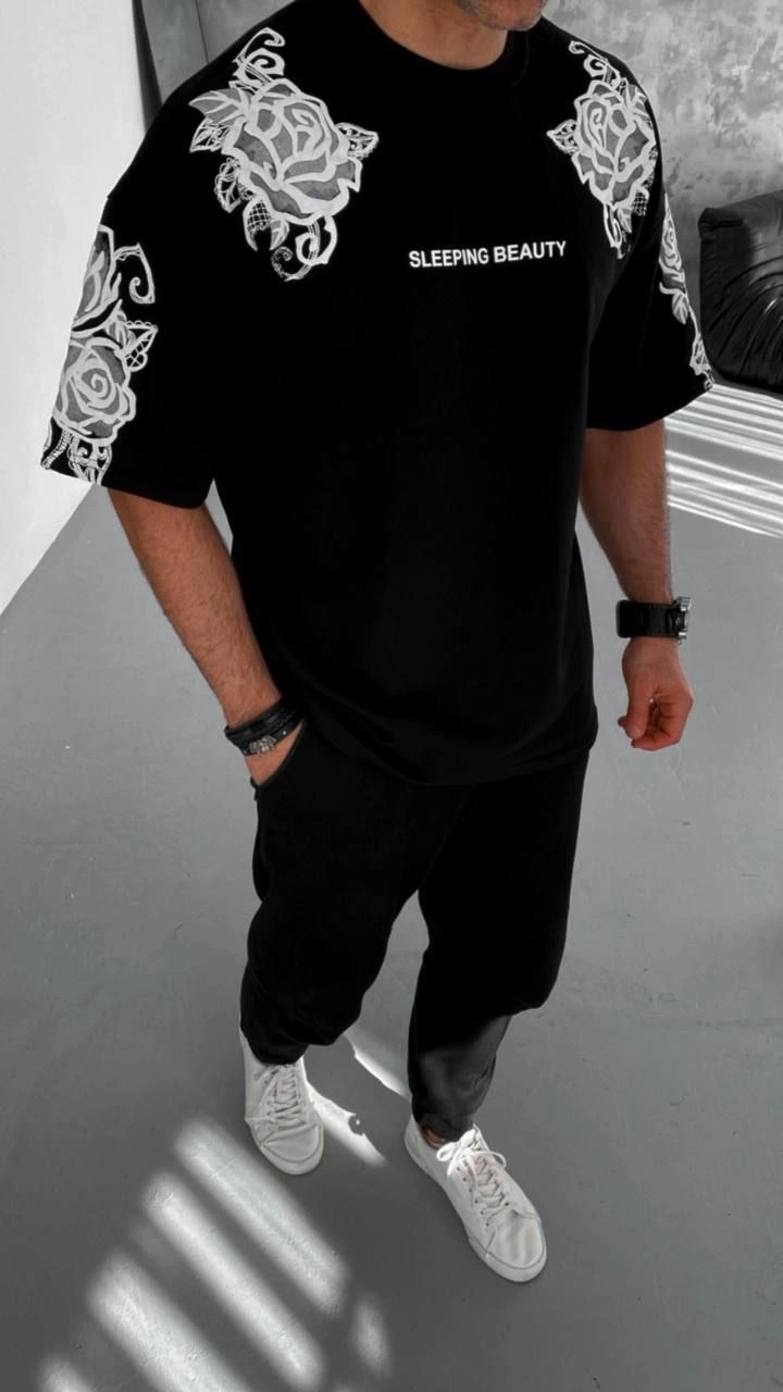 Erkek Kısa Kol Yazlık Tişört Bisiklet Yaka Baskılı Oversize T-Shirt - Siyah