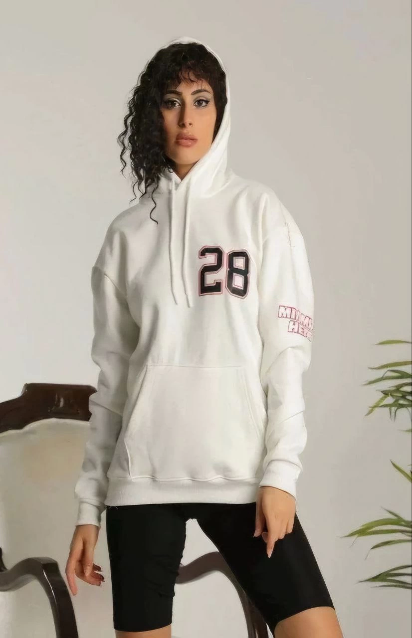 Kadın Oversize Kapüşonlu Cepli Baskılı 3 İplik Pamuklu Hoodie Sweatshirt - Beyaz