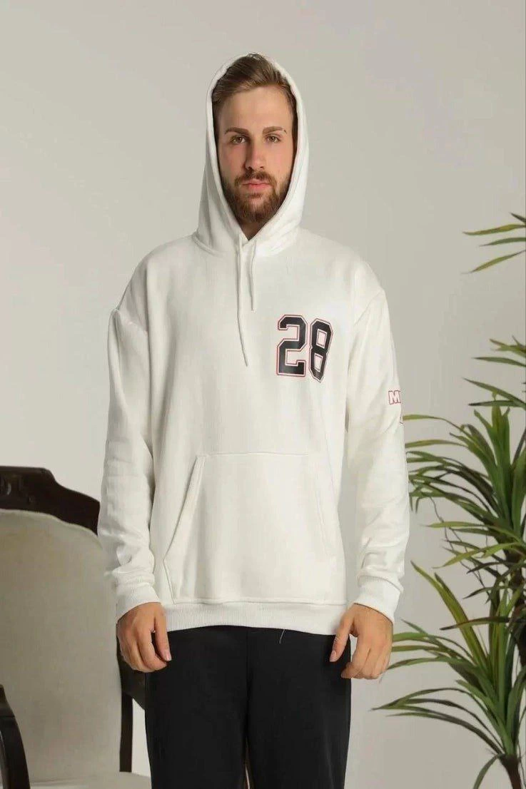 Erkek 3 İplik Pamuklu Kapüşonlu Baskılı Cepli Oversize Sweatshirt Hoodie - Beyaz