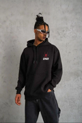 Erkek 3 İplik Pamuklu Kapüşonlu Baskılı Cepli Oversize Sweatshirt Hoodie - Siyah