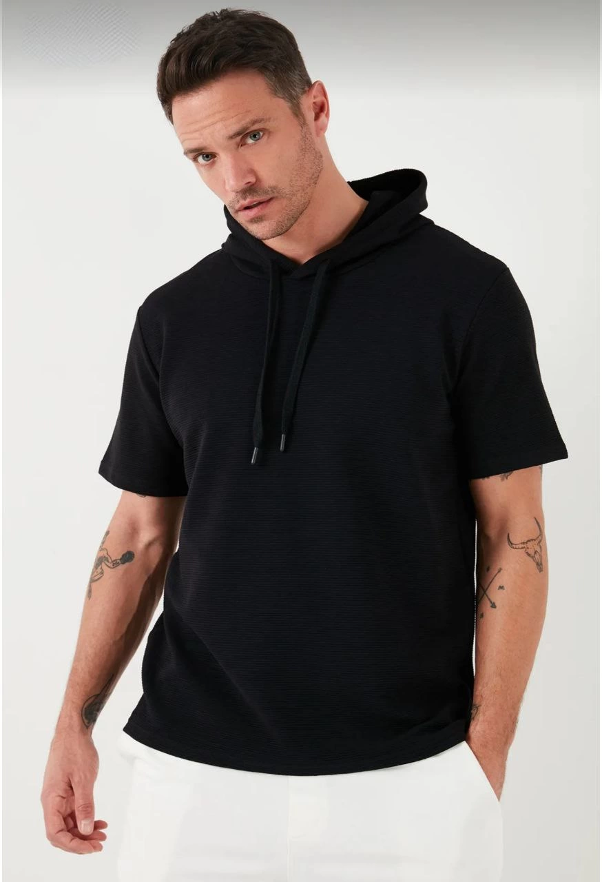 Erkek Kapüşonlu Tişört Kısa Kol Düz Oversize T-shirt - Siyah