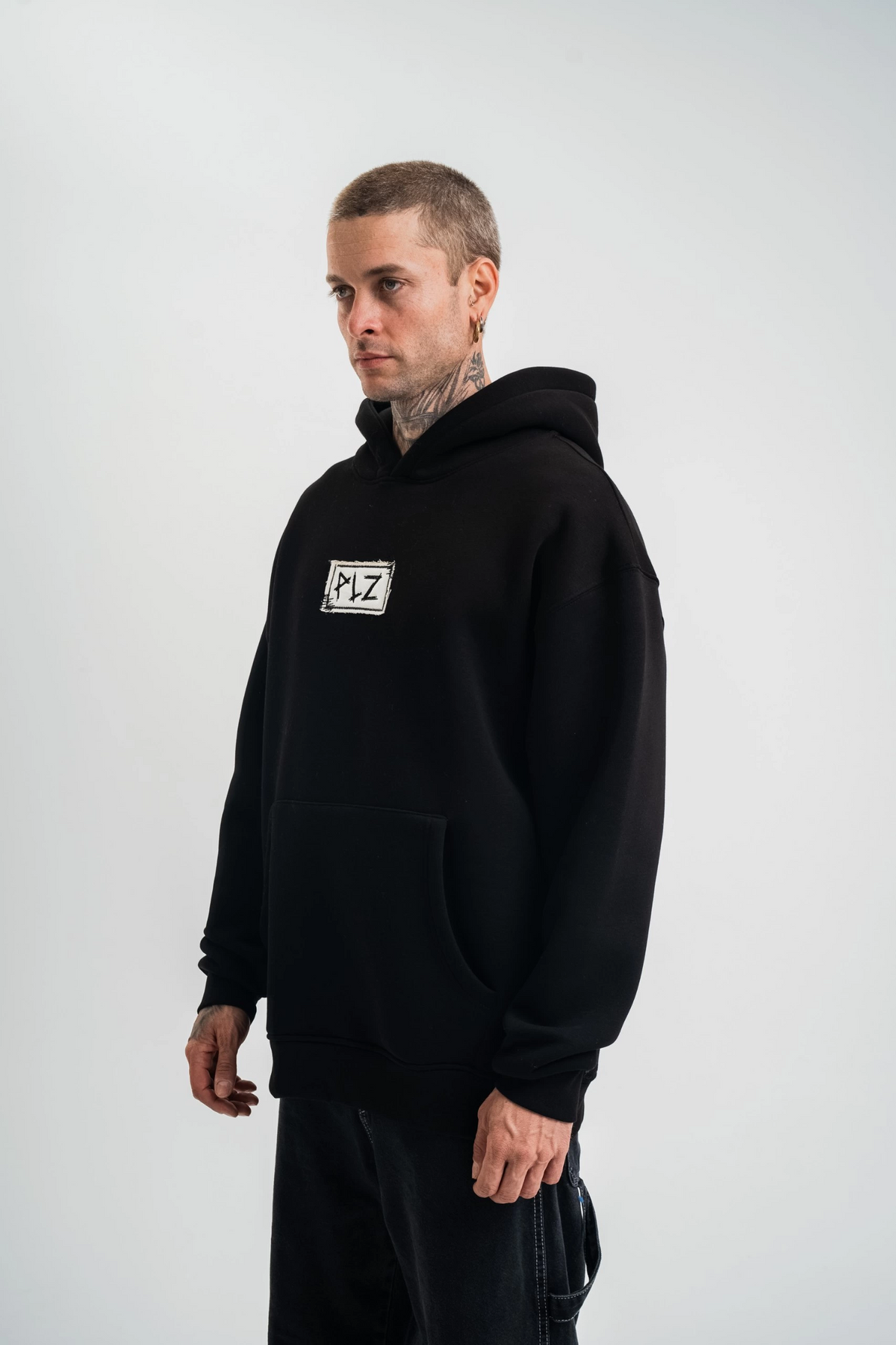 ERKEK 3 İplik Pamuklu Kapüşonlu Patchli Nakışlı Hoodie SweatShirt - Siyah