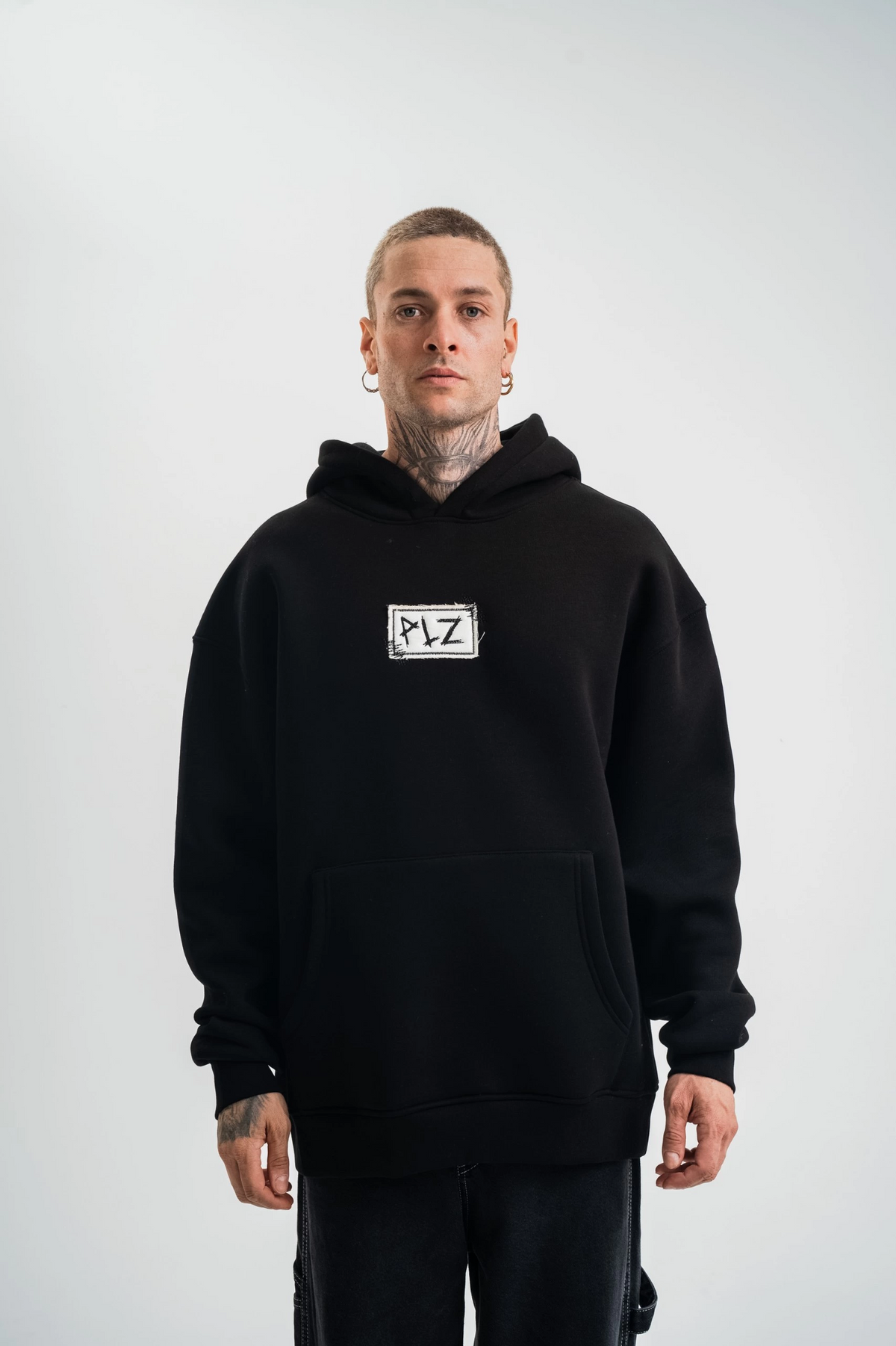 ERKEK 3 İplik Pamuklu Kapüşonlu Patchli Nakışlı Hoodie SweatShirt - Siyah