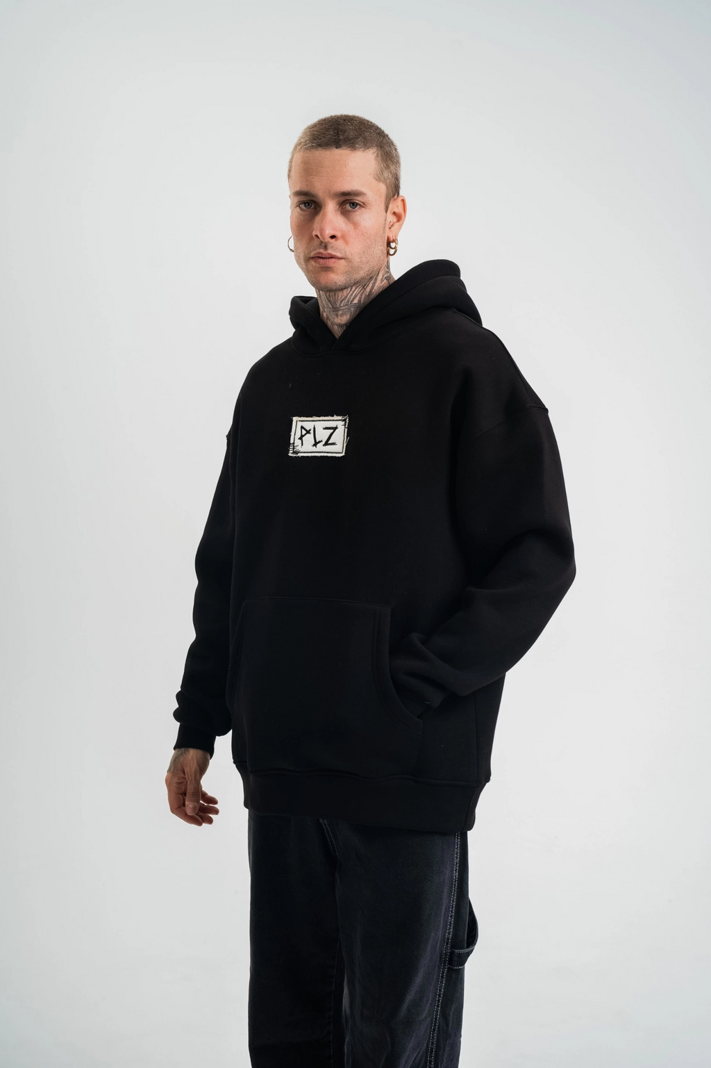 ERKEK 3 İplik Pamuklu Kapüşonlu Patchli Nakışlı Hoodie SweatShirt - Siyah