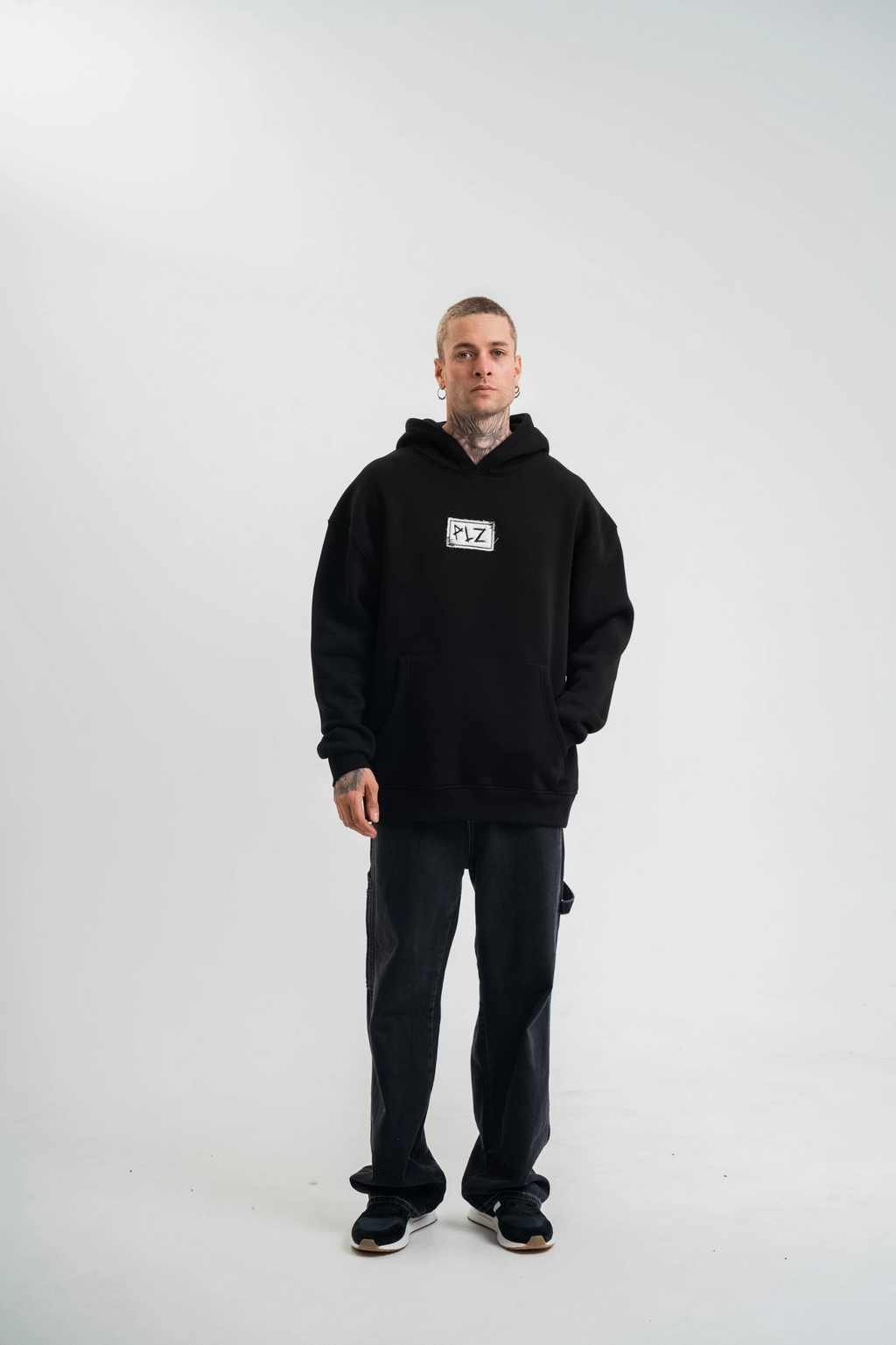ERKEK 3 İplik Pamuklu Kapüşonlu Patchli Nakışlı Hoodie SweatShirt - Siyah