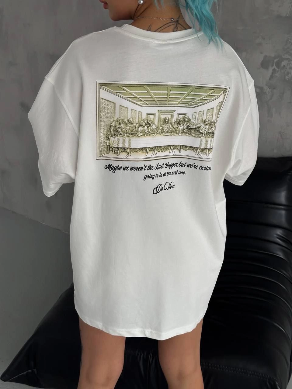 Kadın Baskılı T-Shirt Kısa Kol Bisiklet Yaka Oversize Tişört - Beyaz