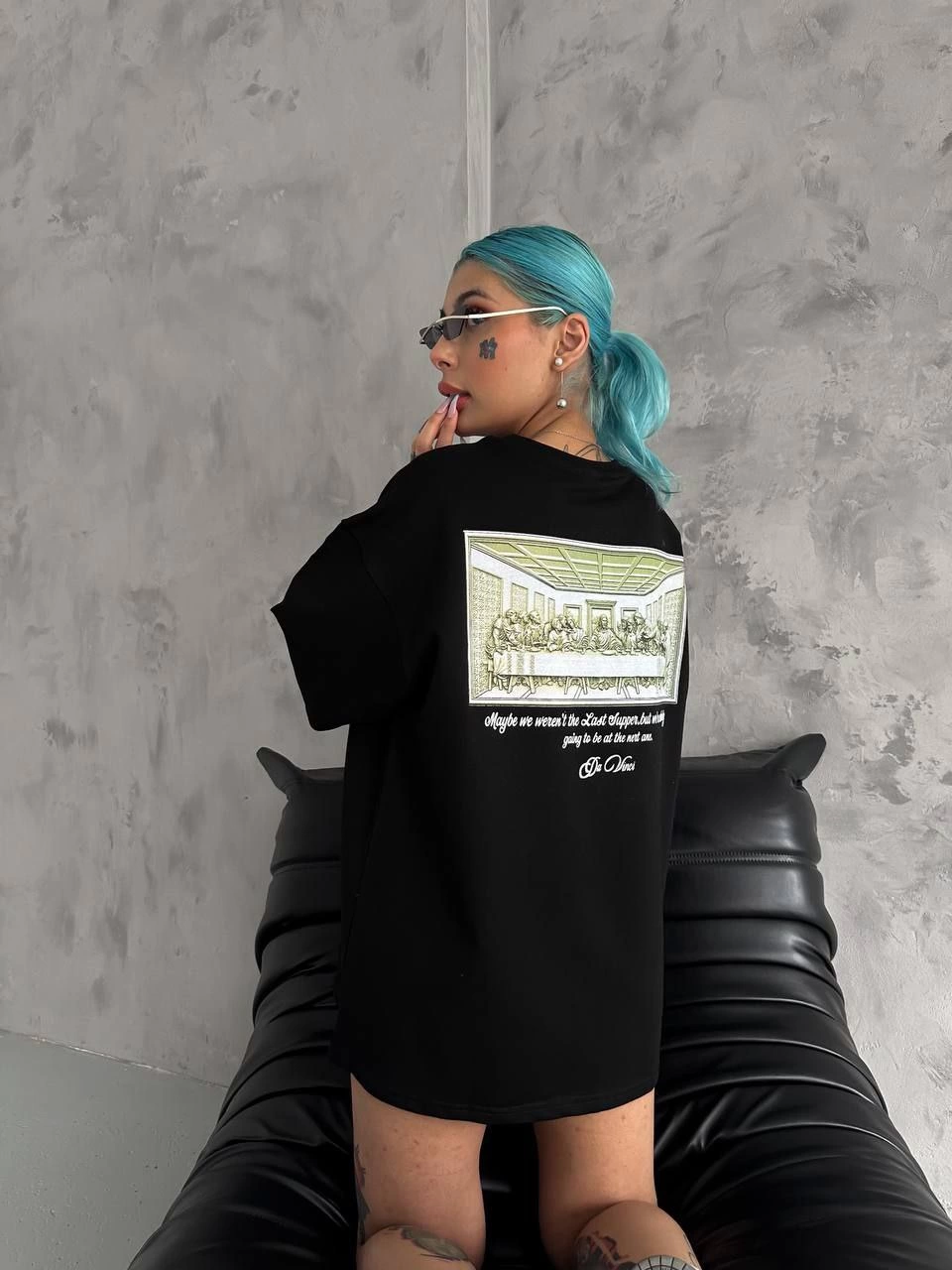 Kadın Baskılı T-Shirt Kısa Kol Bisiklet Yaka Oversize Rahat Kalıp Günlük Tişört - Siyah