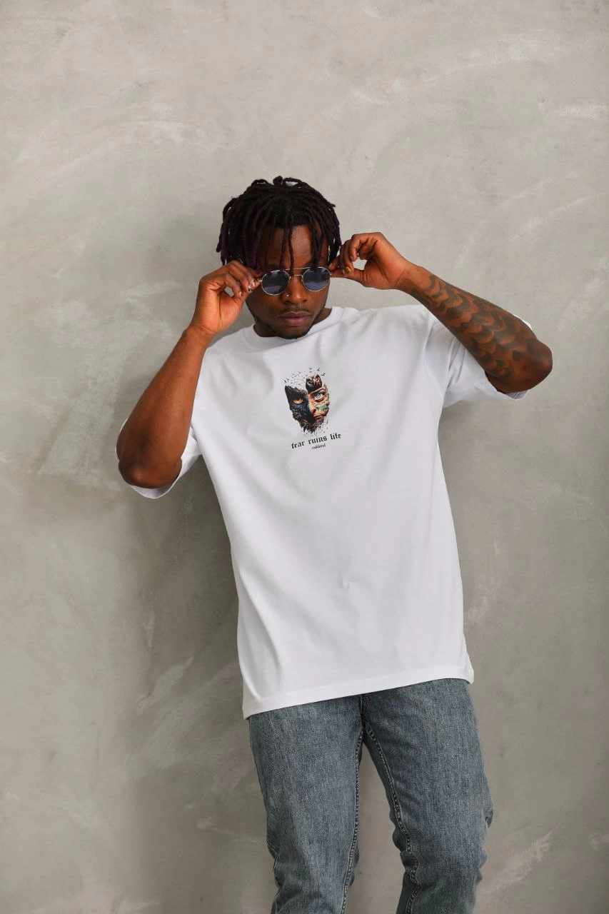 Erkek Baskılı T-Shirt Kısa Kol Bisiklet Yaka Regular Fit Rahat Kalıp Günlük Tişört - Beyaz