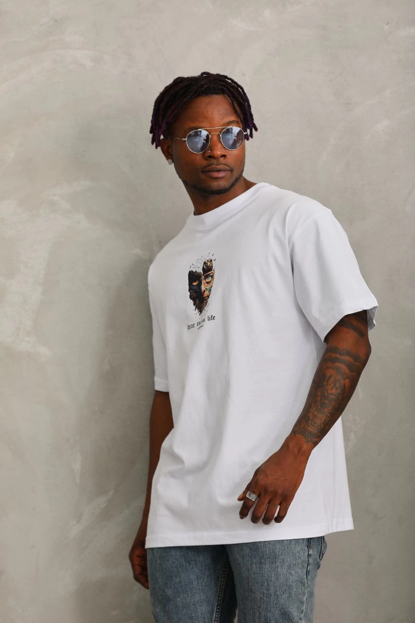 Erkek Baskılı T-Shirt Kısa Kol Bisiklet Yaka Regular Fit Rahat Kalıp Günlük Tişört - Beyaz