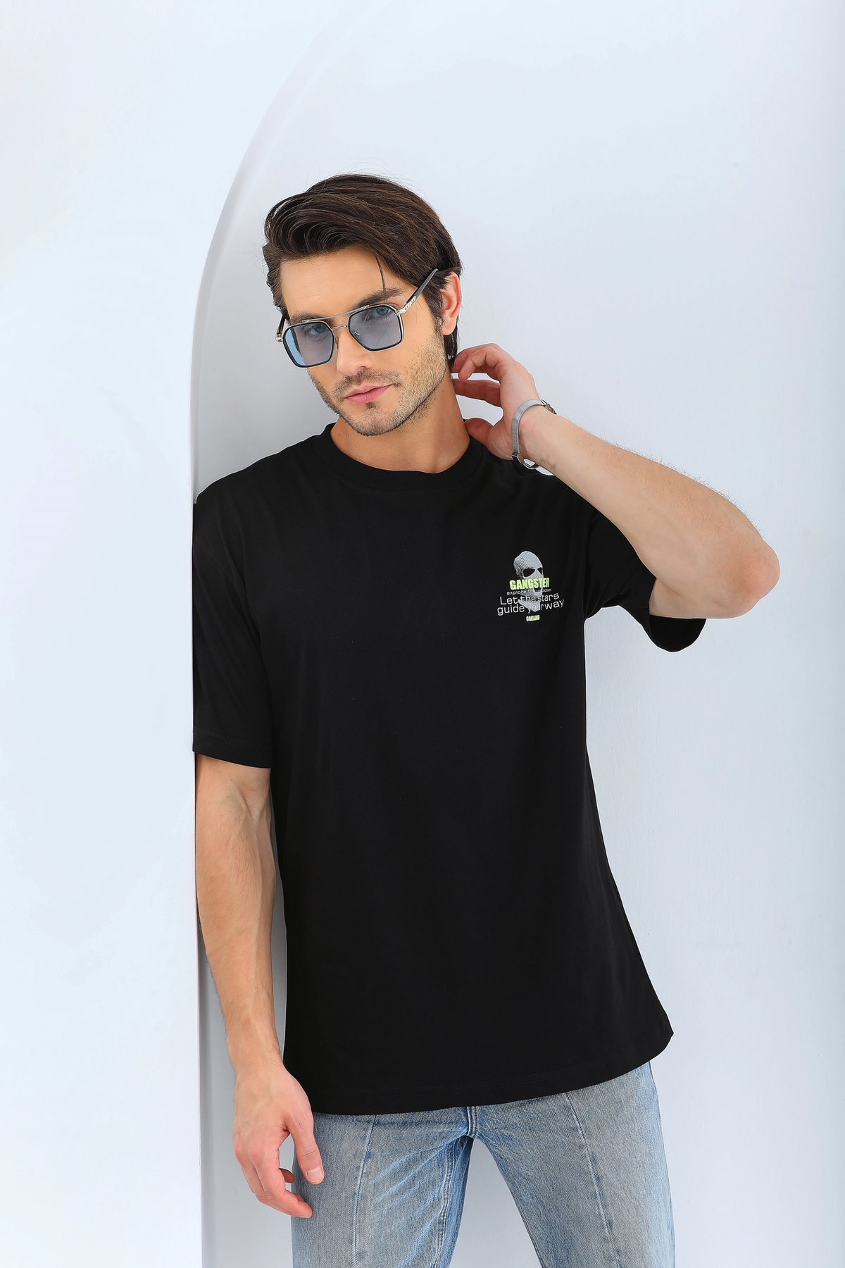 Erkek Baskılı Bisiklet Yaka Kısa kol T-Shirt - Siyah