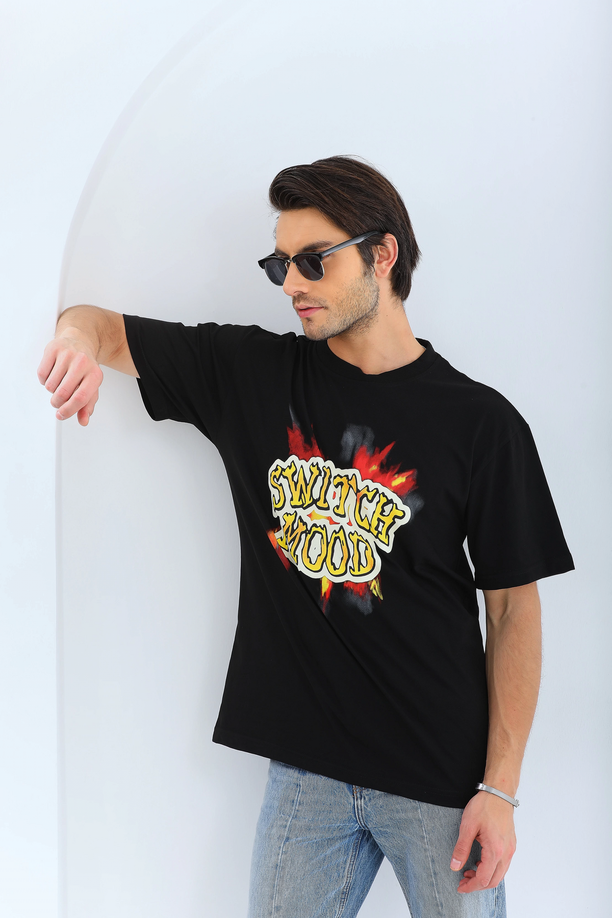 Erkek Kısa Kol Yazlık Tişört Bisiklet Yaka Baskılı Oversize T-Shirt - Siyah