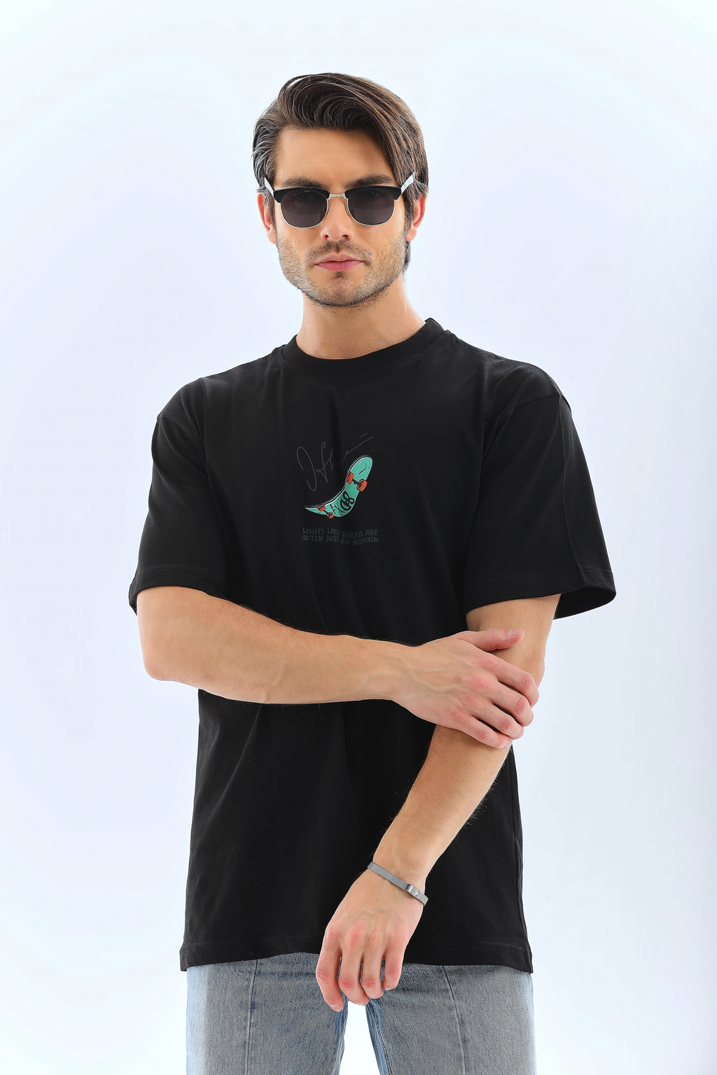 Erkek Kısa Kol Yazlık Tişört Bisiklet Yaka Baskılı Oversize T-Shirt - Siyah