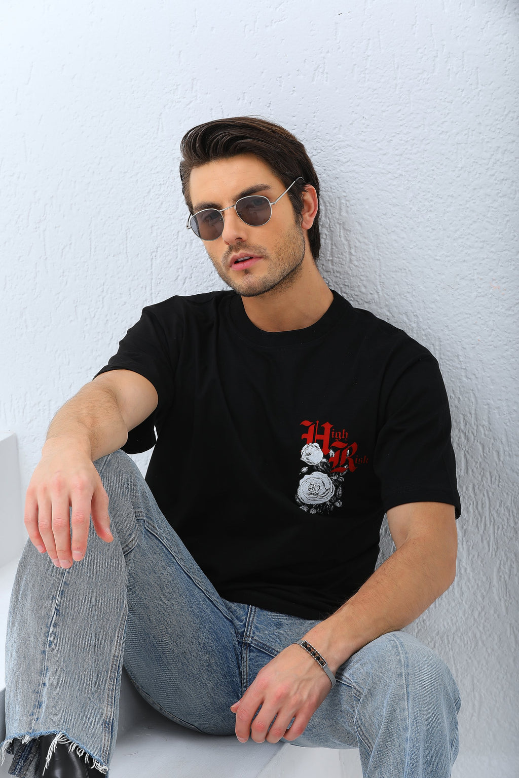 Erkek Baskılı T-Shirt Kısa Kol Bisiklet Yaka Rahat Kalıp Tişört  - Siyah