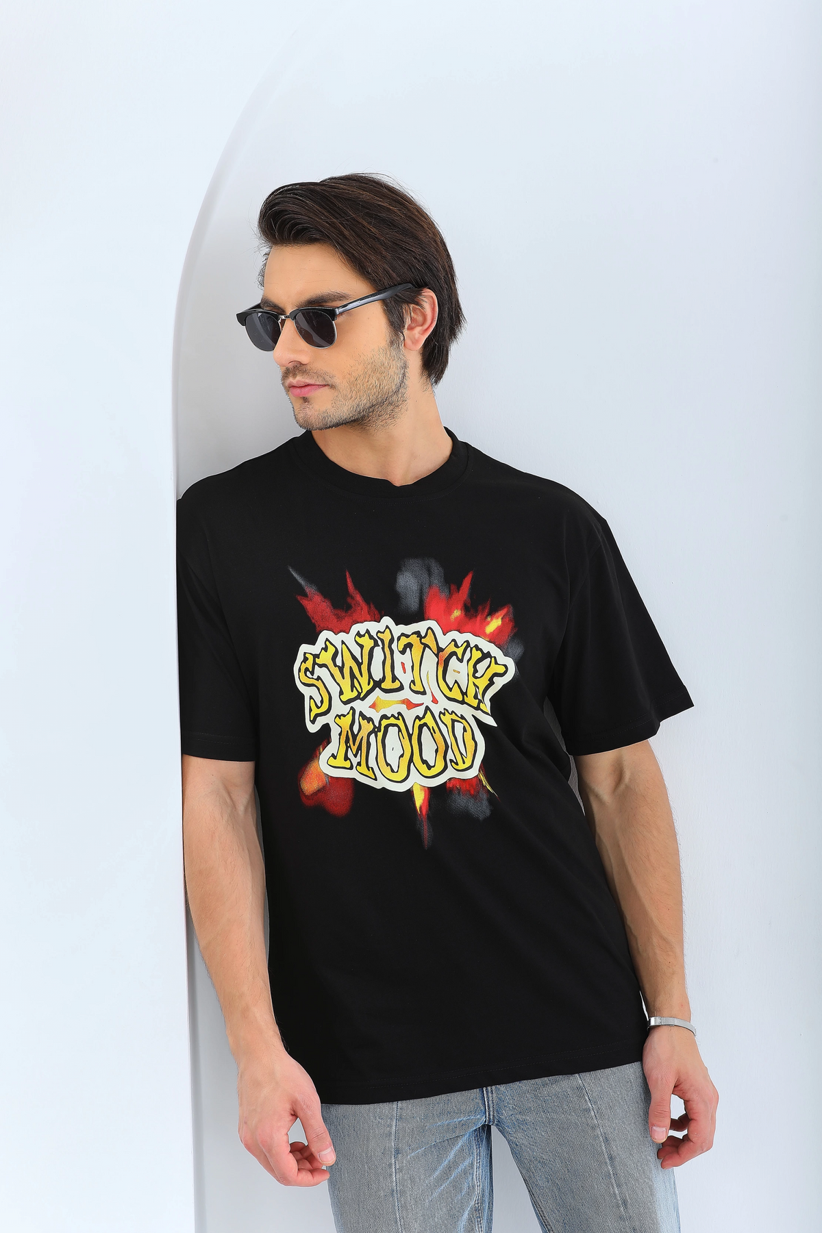 Erkek Kısa Kol Yazlık Tişört Bisiklet Yaka Baskılı Oversize T-Shirt - Siyah