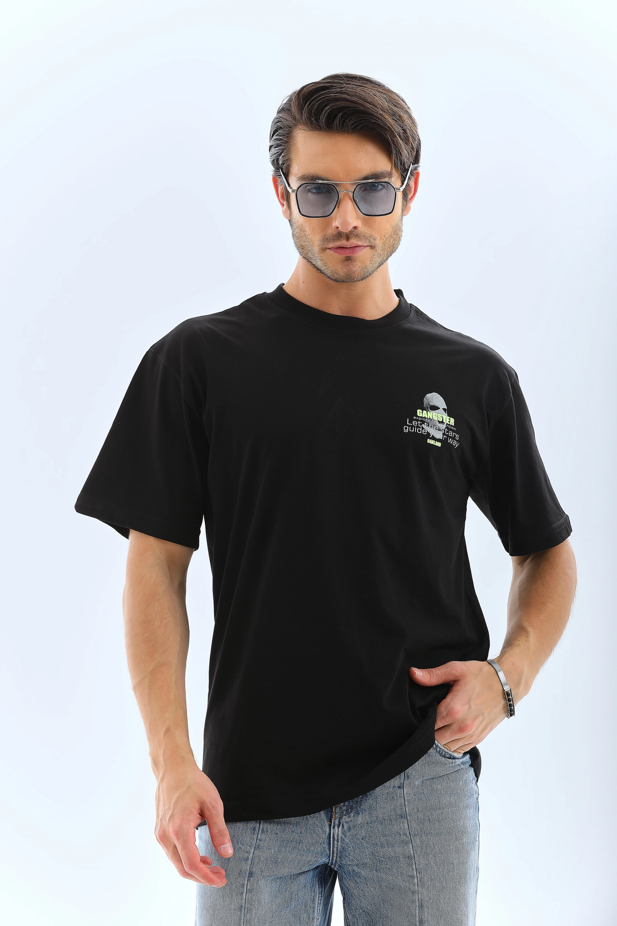 Erkek Baskılı Bisiklet Yaka Kısa kol T-Shirt - Siyah