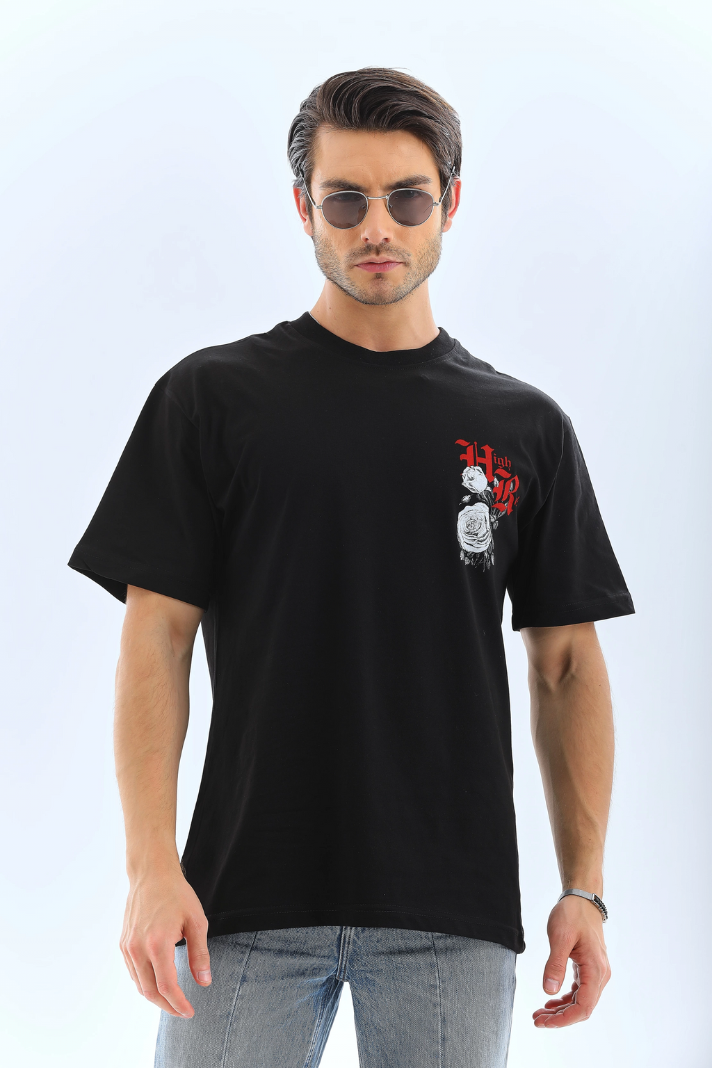 Erkek Baskılı T-Shirt Kısa Kol Bisiklet Yaka Rahat Kalıp Tişört  - Siyah