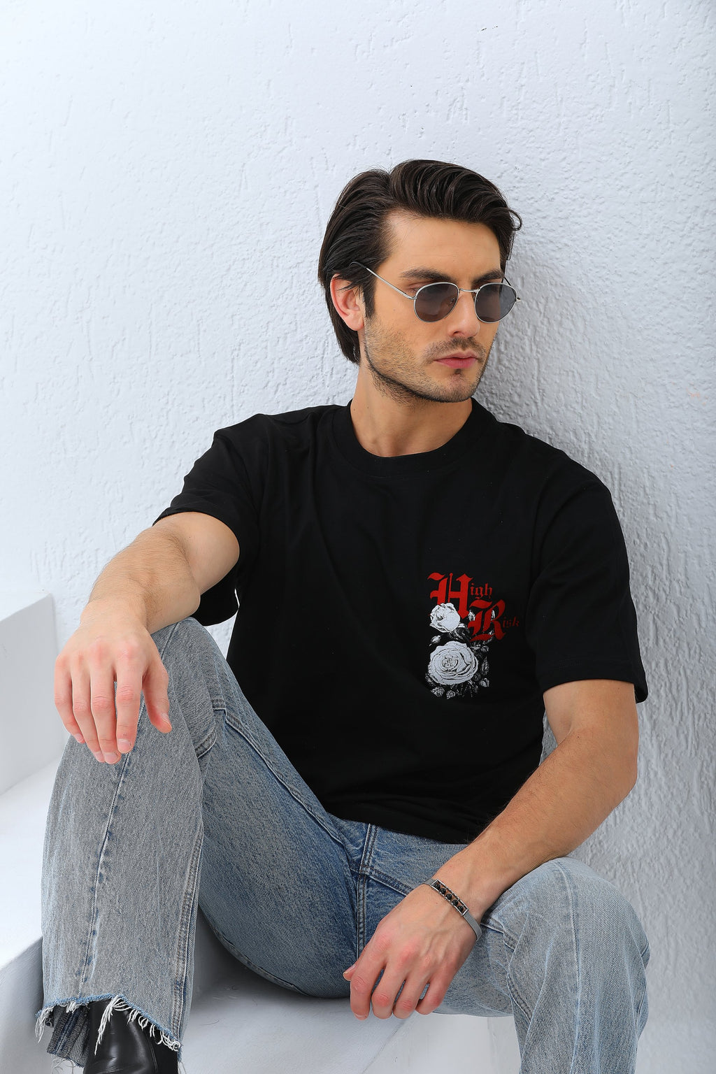 Erkek Baskılı T-Shirt Kısa Kol Bisiklet Yaka Rahat Kalıp Tişört  - Siyah