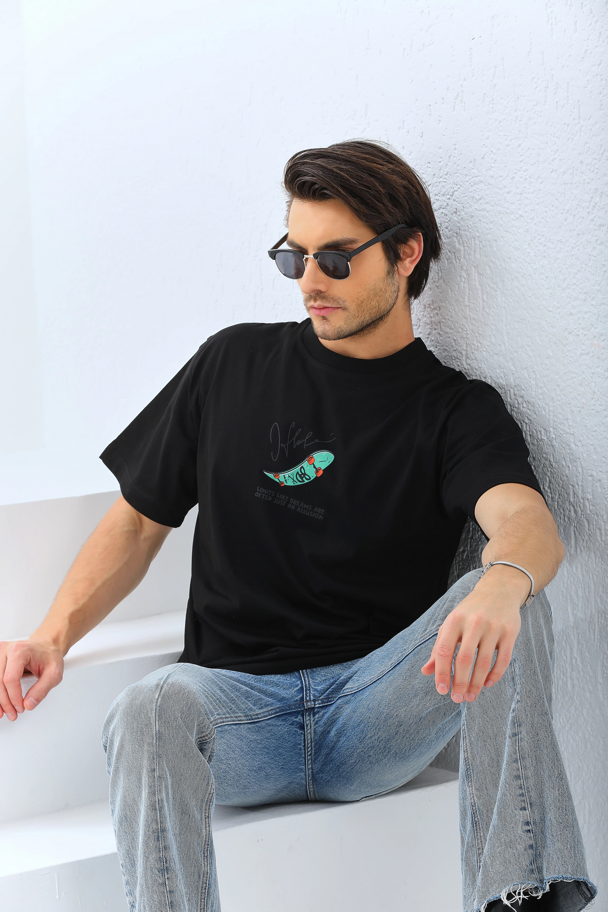 Erkek Kısa Kol Yazlık Tişört Bisiklet Yaka Baskılı Oversize T-Shirt - Siyah