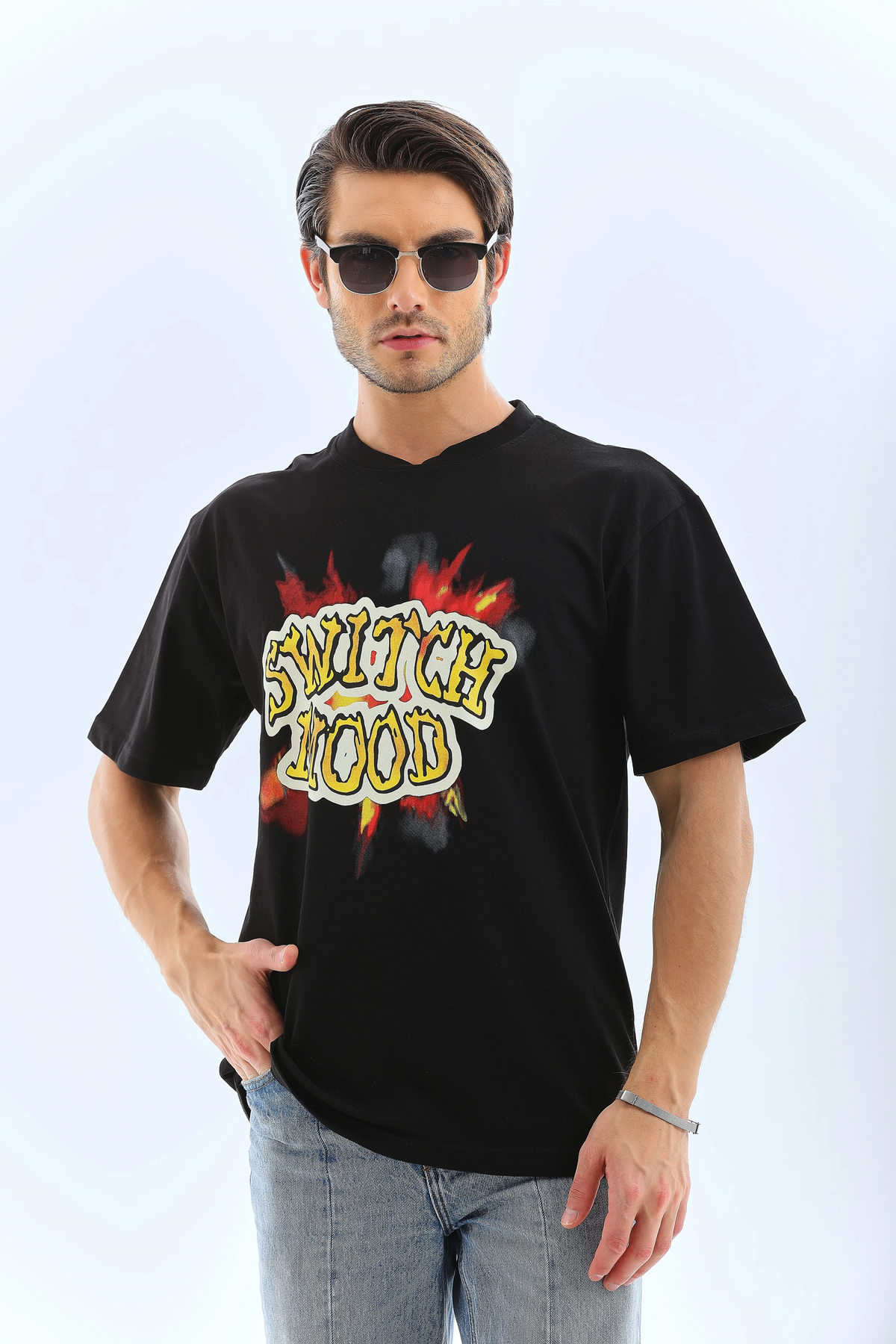 Erkek Kısa Kol Yazlık Tişört Bisiklet Yaka Baskılı Oversize T-Shirt - Siyah