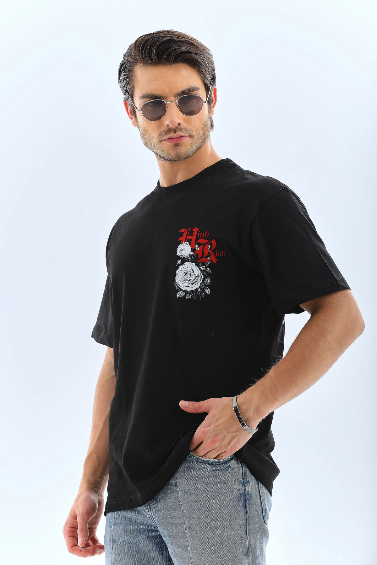 Erkek Baskılı T-Shirt Kısa Kol Bisiklet Yaka Rahat Kalıp Tişört  - Siyah