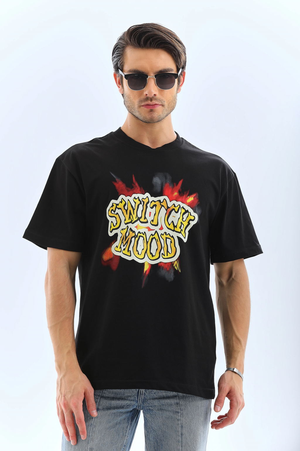 Erkek Kısa Kol Yazlık Tişört Bisiklet Yaka Baskılı Oversize T-Shirt - Siyah