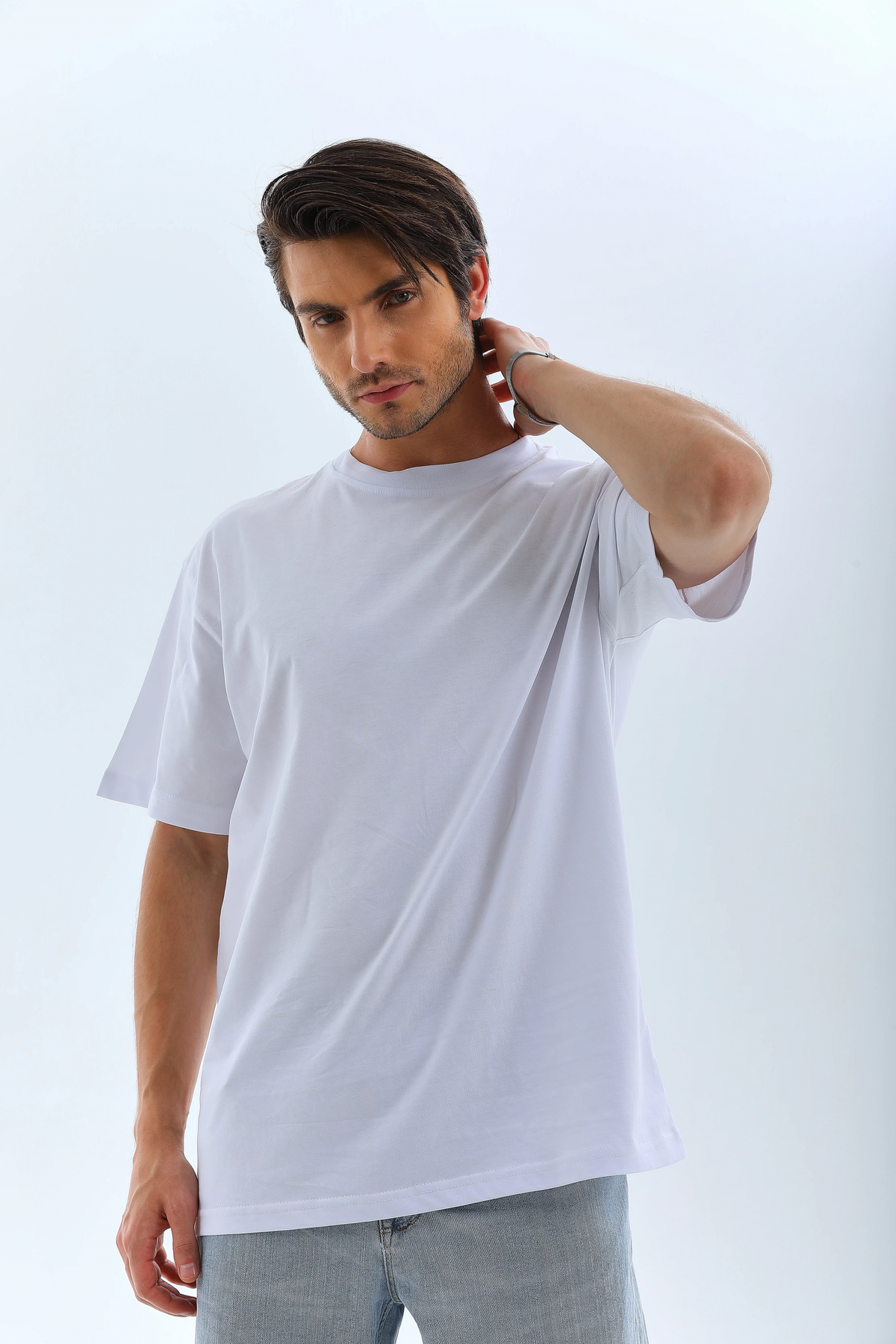 Erkek Düz Yazlık Kısa Kol Tişört Bisiklet Yaka Oversize T-Shirt - Beyaz