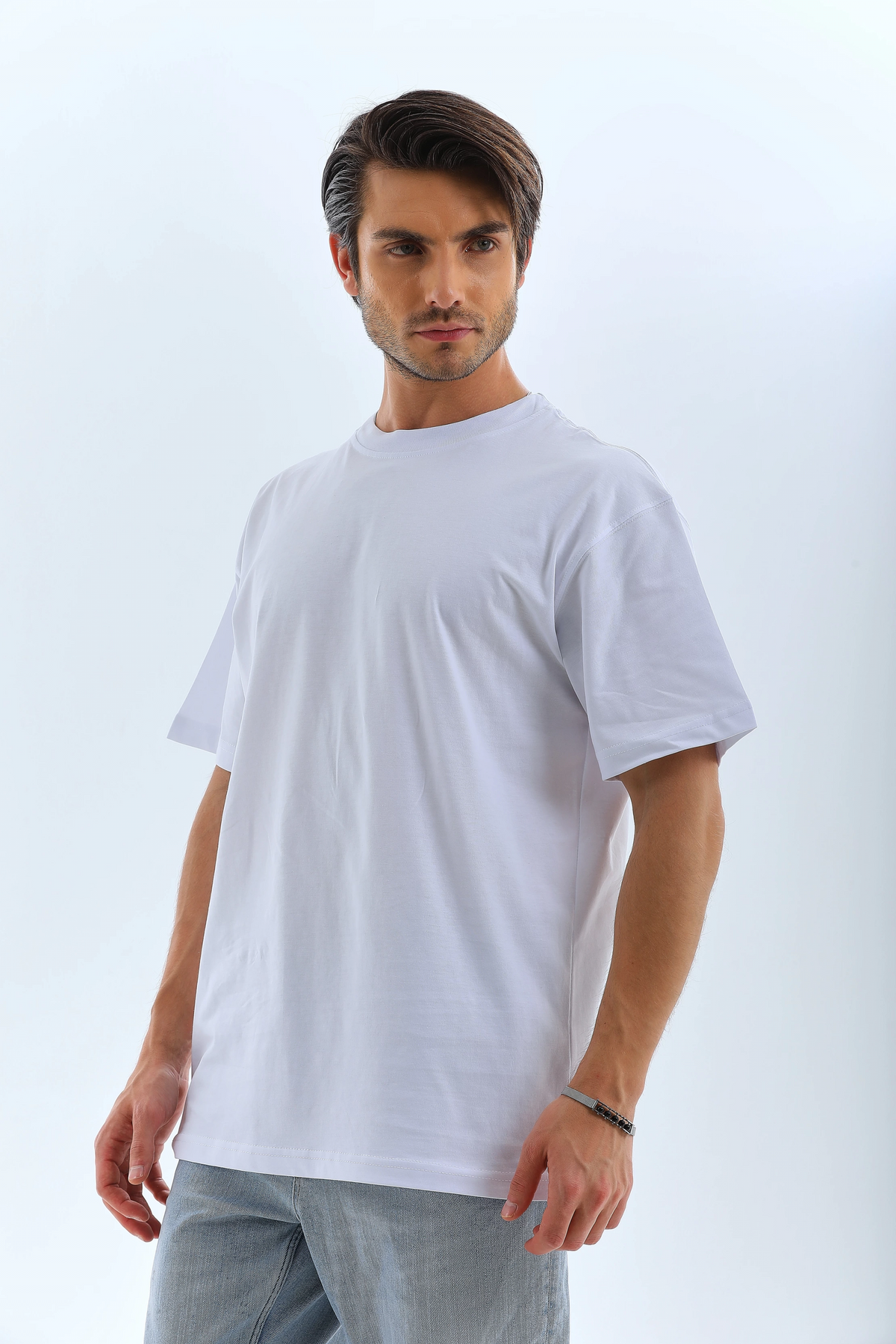 Erkek Düz Yazlık Kısa Kol Tişört Bisiklet Yaka Oversize T-Shirt - Beyaz