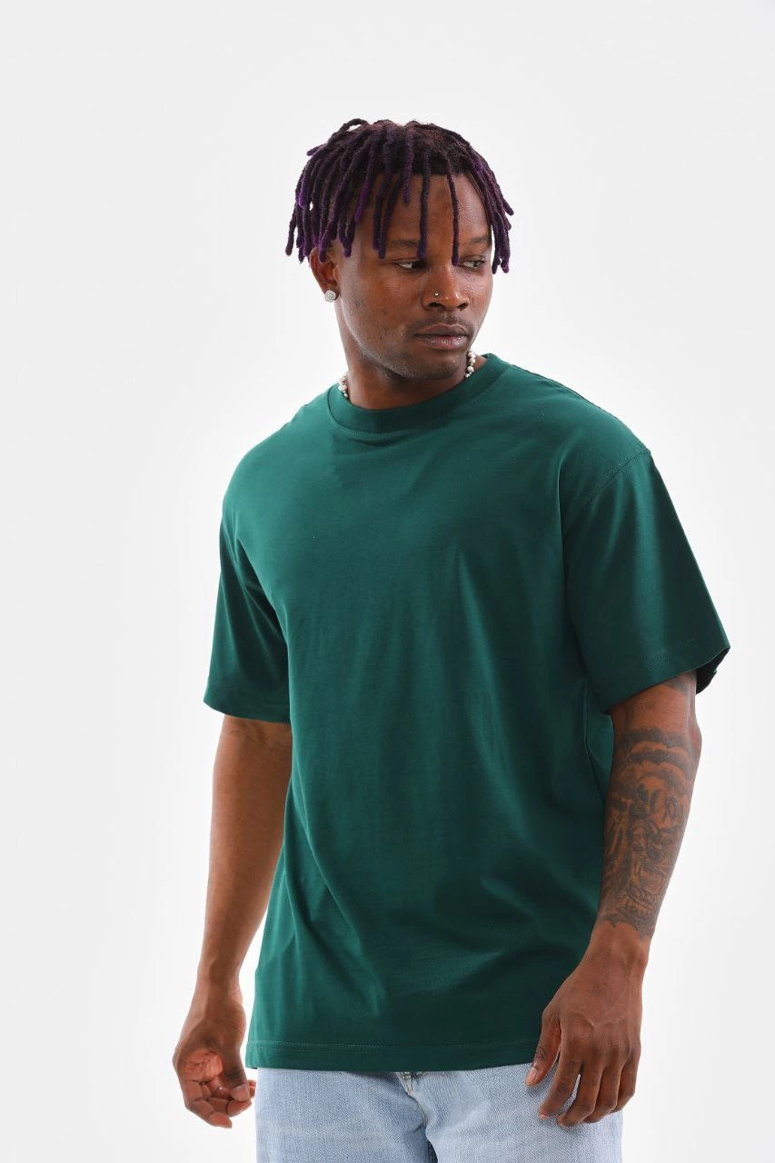 Erkek Düz Yazlık Kısa Kol Tişort Bisiklet Yaka Oversize T-Shirt - Koyu Yeşil