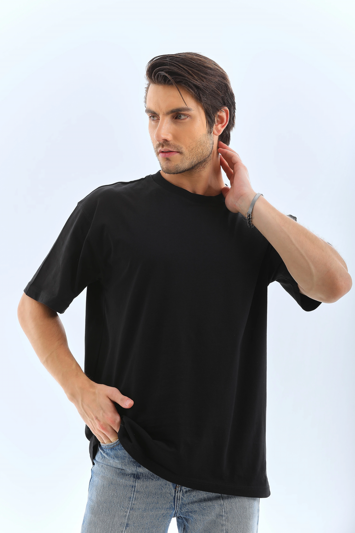 Erkek Düz Yazlık Kısa Kol Tişört Bisiklet Yaka Oversize T-Shirt - Siyah