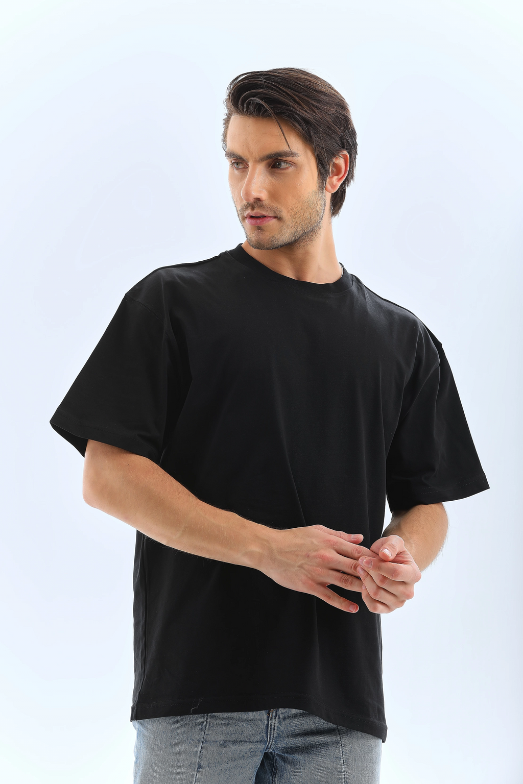 Erkek Düz Yazlık Kısa Kol Tişört Bisiklet Yaka Oversize T-Shirt - Siyah