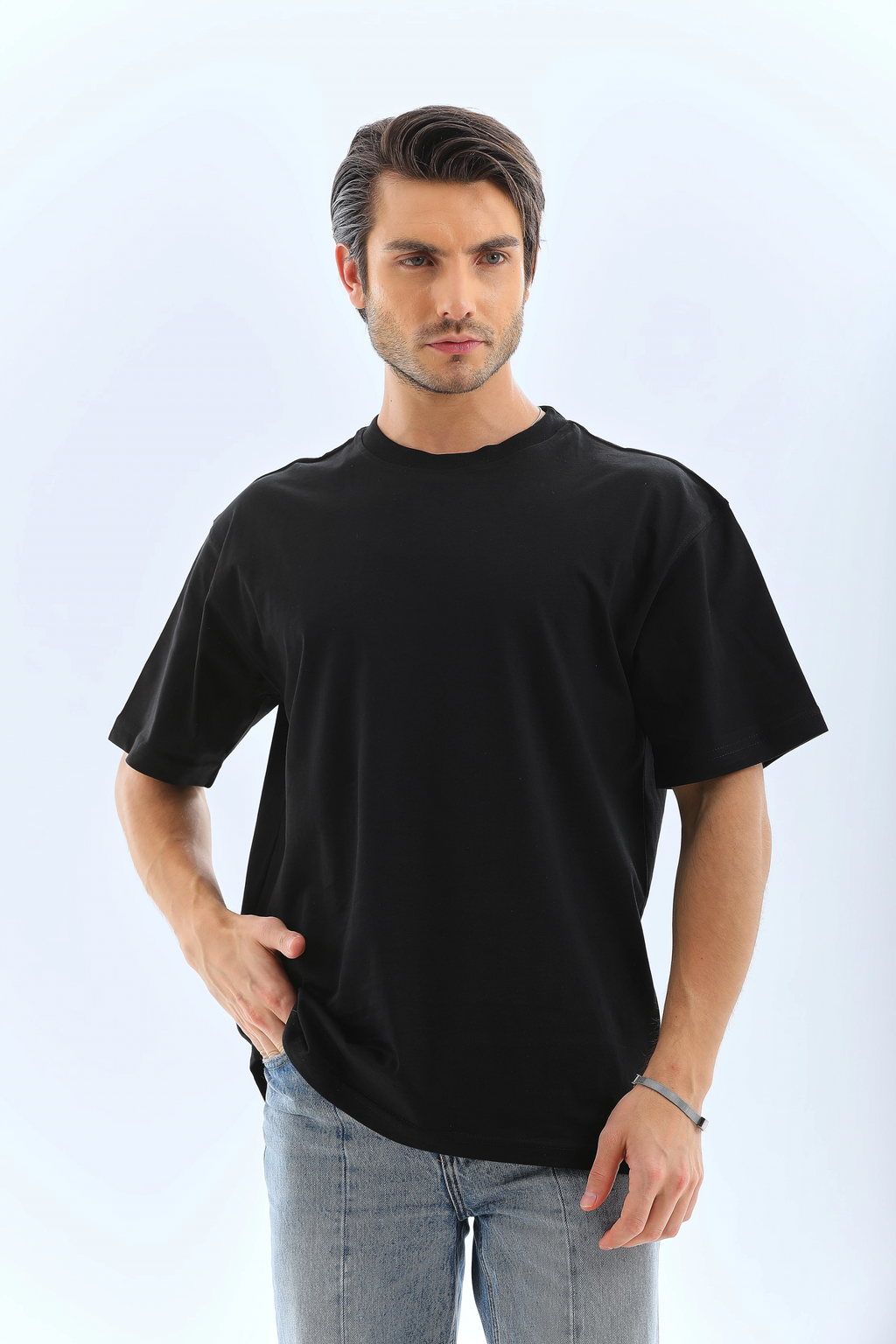 Erkek Düz Yazlık Kısa Kol Tişört Bisiklet Yaka Oversize T-Shirt - Siyah