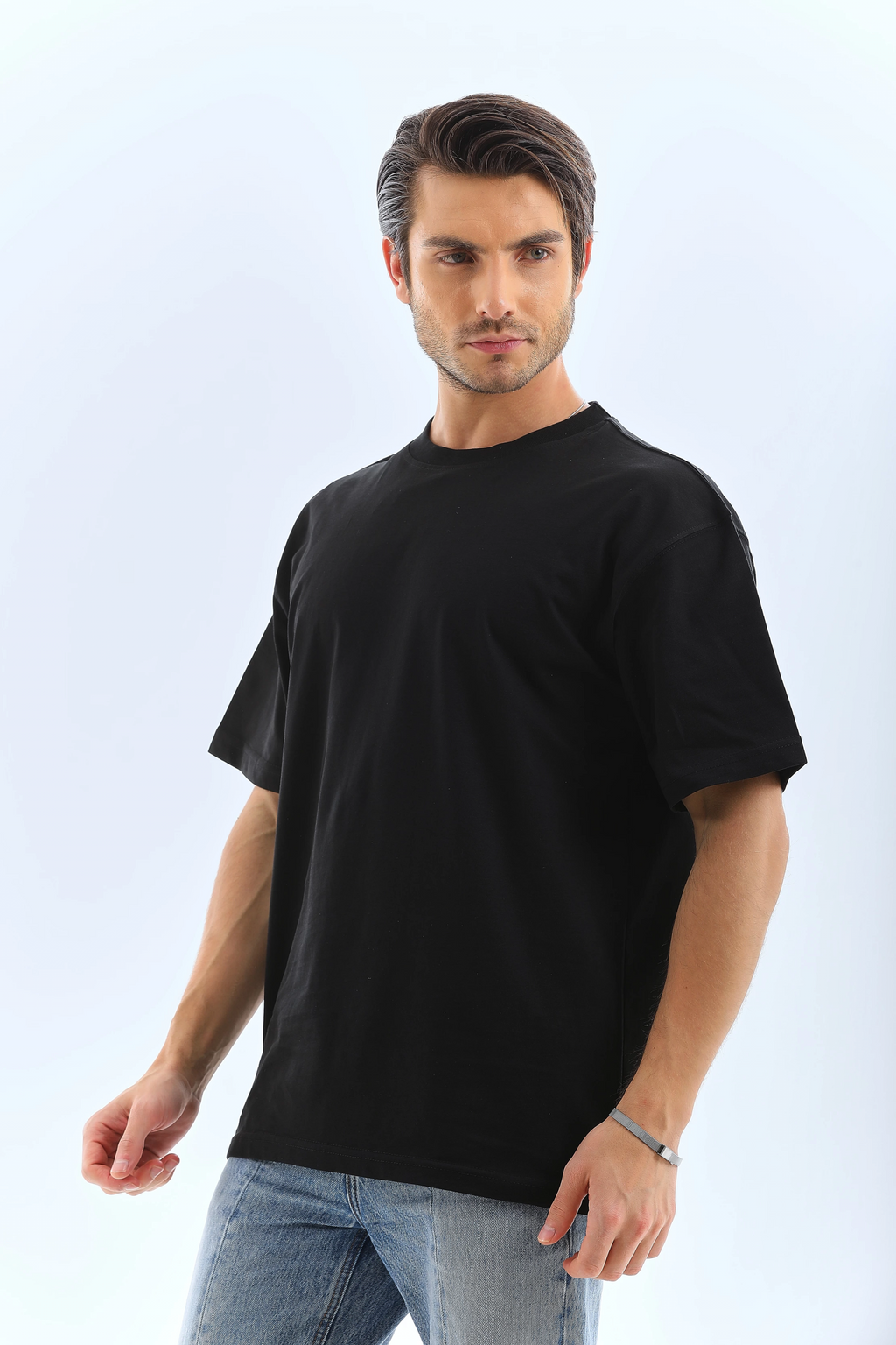 Erkek Düz Yazlık Kısa Kol Tişört Bisiklet Yaka Oversize T-Shirt - Siyah