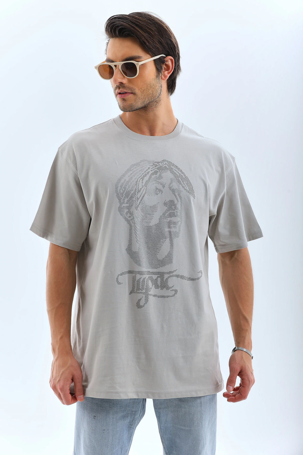 ERKEK Tişört TAŞ Detaylı Bisiklet Yaka  Kısa kol T-Shirt - Gri