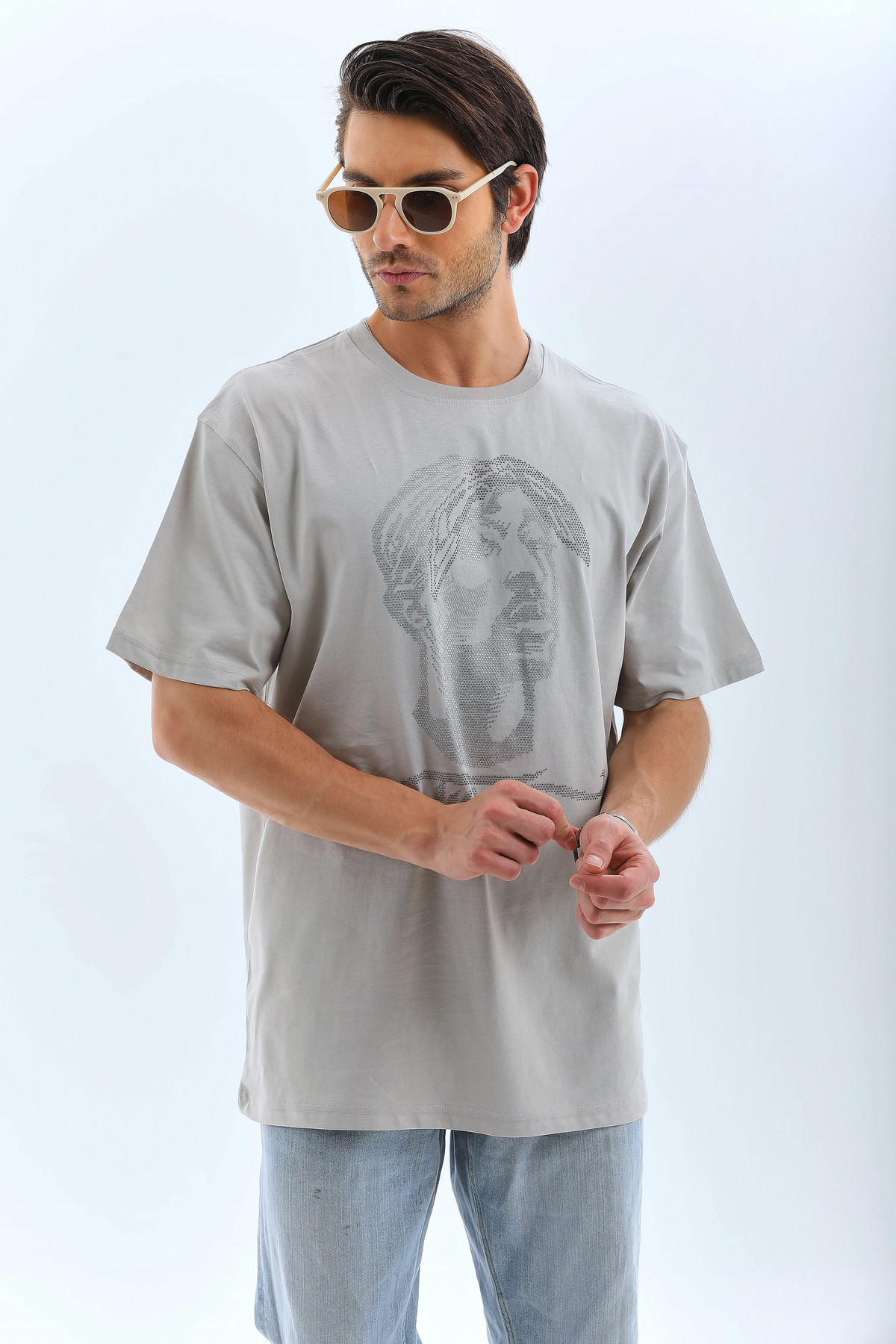 ERKEK Tişört TAŞ Detaylı Bisiklet Yaka  Kısa kol T-Shirt - Gri