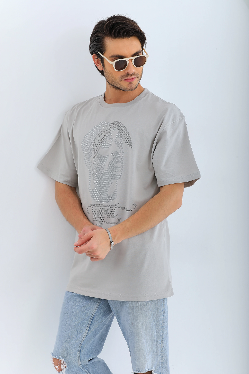 ERKEK Tişört TAŞ Detaylı Bisiklet Yaka  Kısa kol T-Shirt - Gri